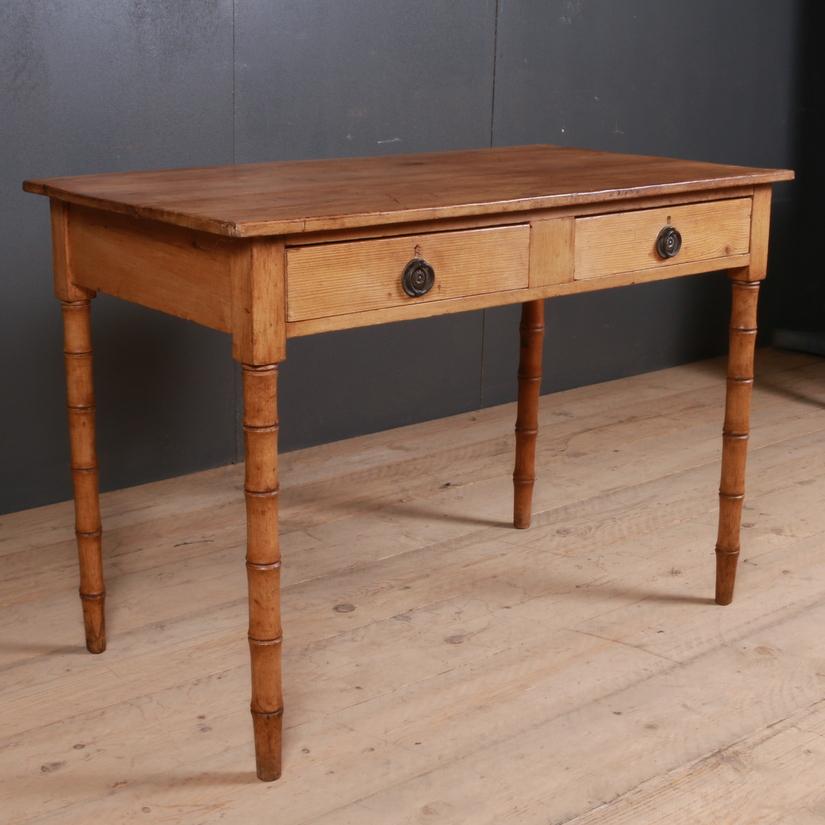 Early 19th century English faux bamboo 2-drawer writing table, 1820

Clearance under the rail - 23.5