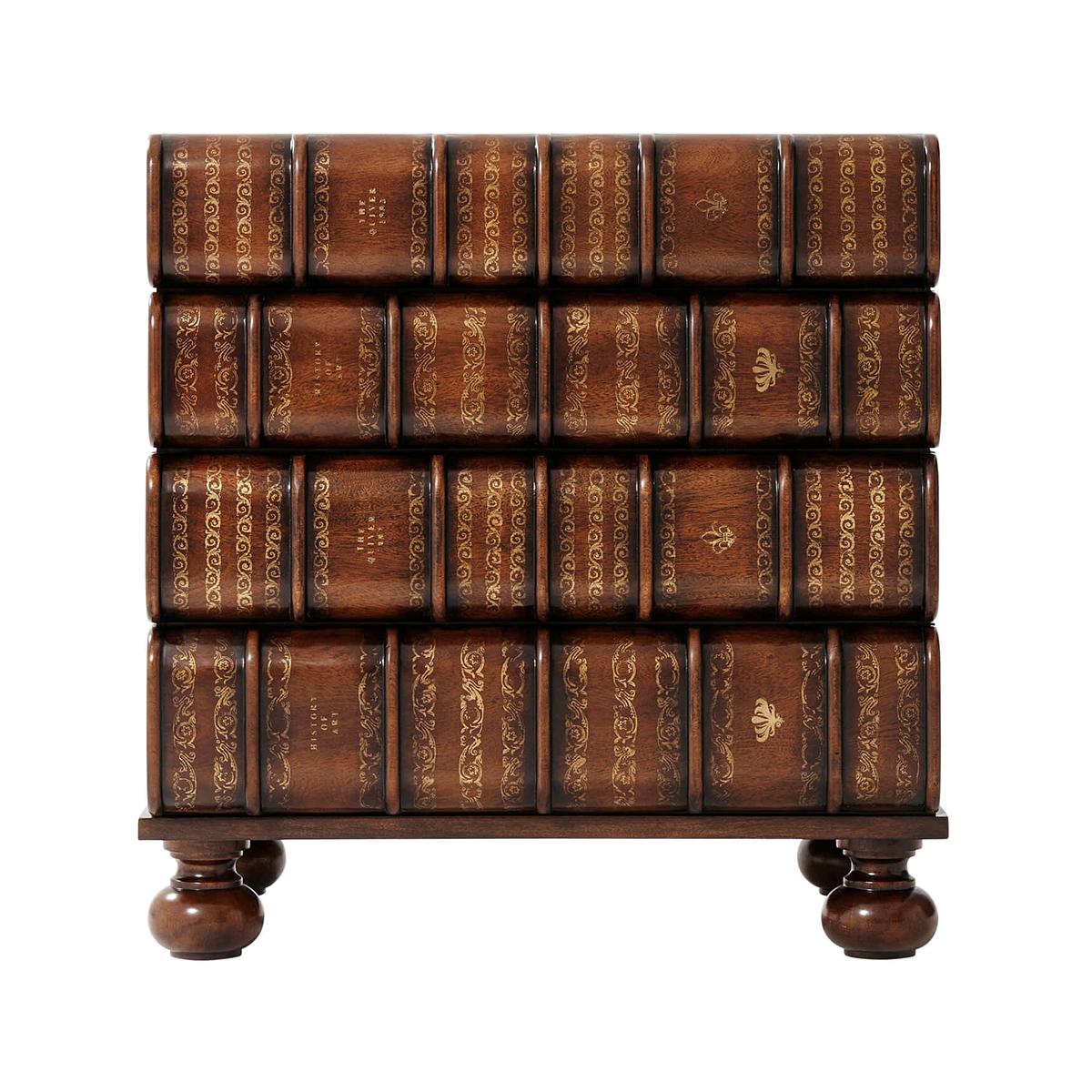 English Faux book nightstand, a hand carved and gilt faux book bedside chest, with four spine front drawers, on bun feet.

Dimensions: 25