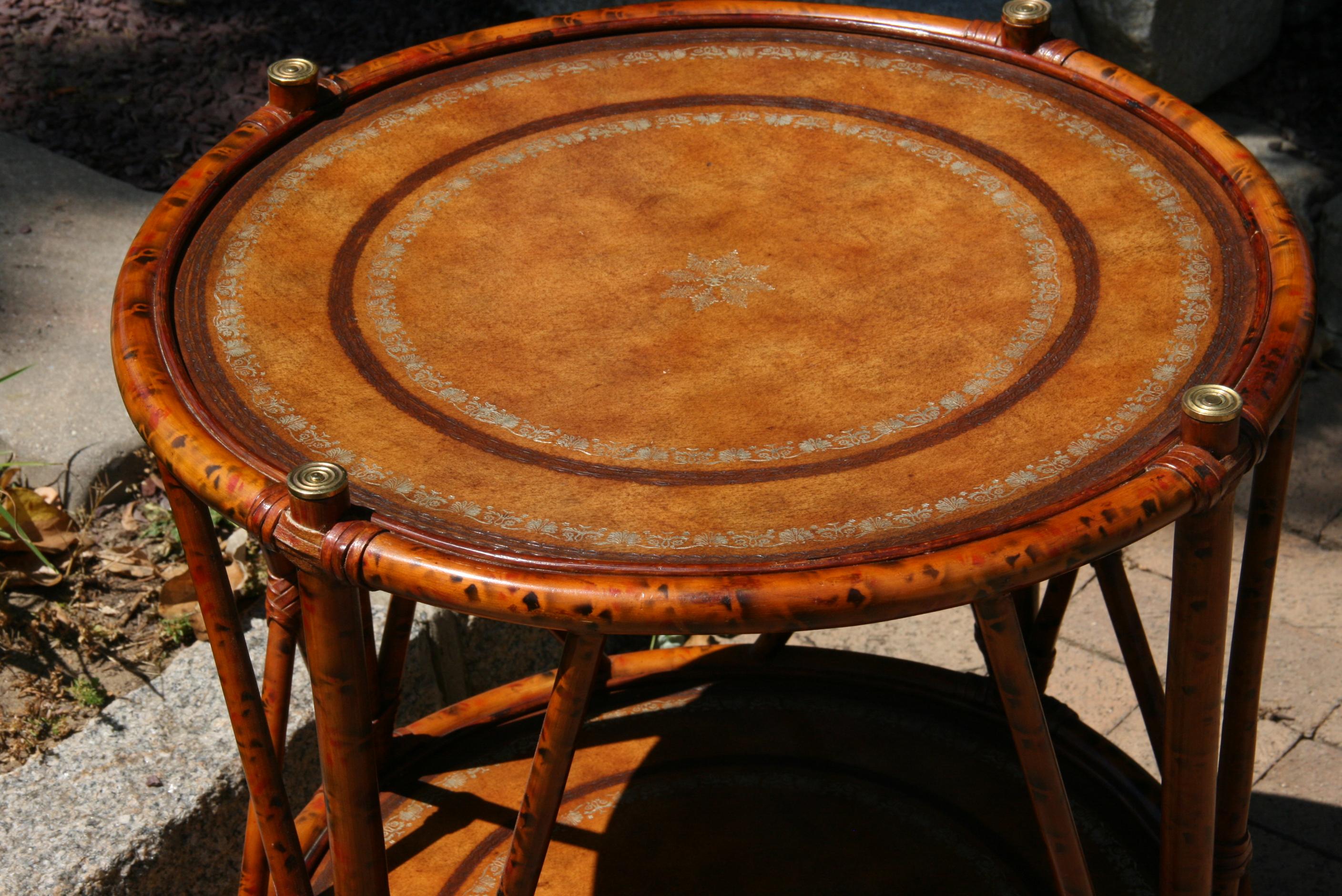 English Faux Burnt Bamboo  Two Level Round Table In Good Condition In Douglas Manor, NY
