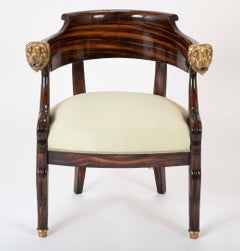 English Faux Calamander Barrel Form Chair with Bronze Lion's Head Mounts