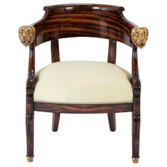 English Faux Calamander Barrel Form Chair with Bronze Lion's Head Mounts