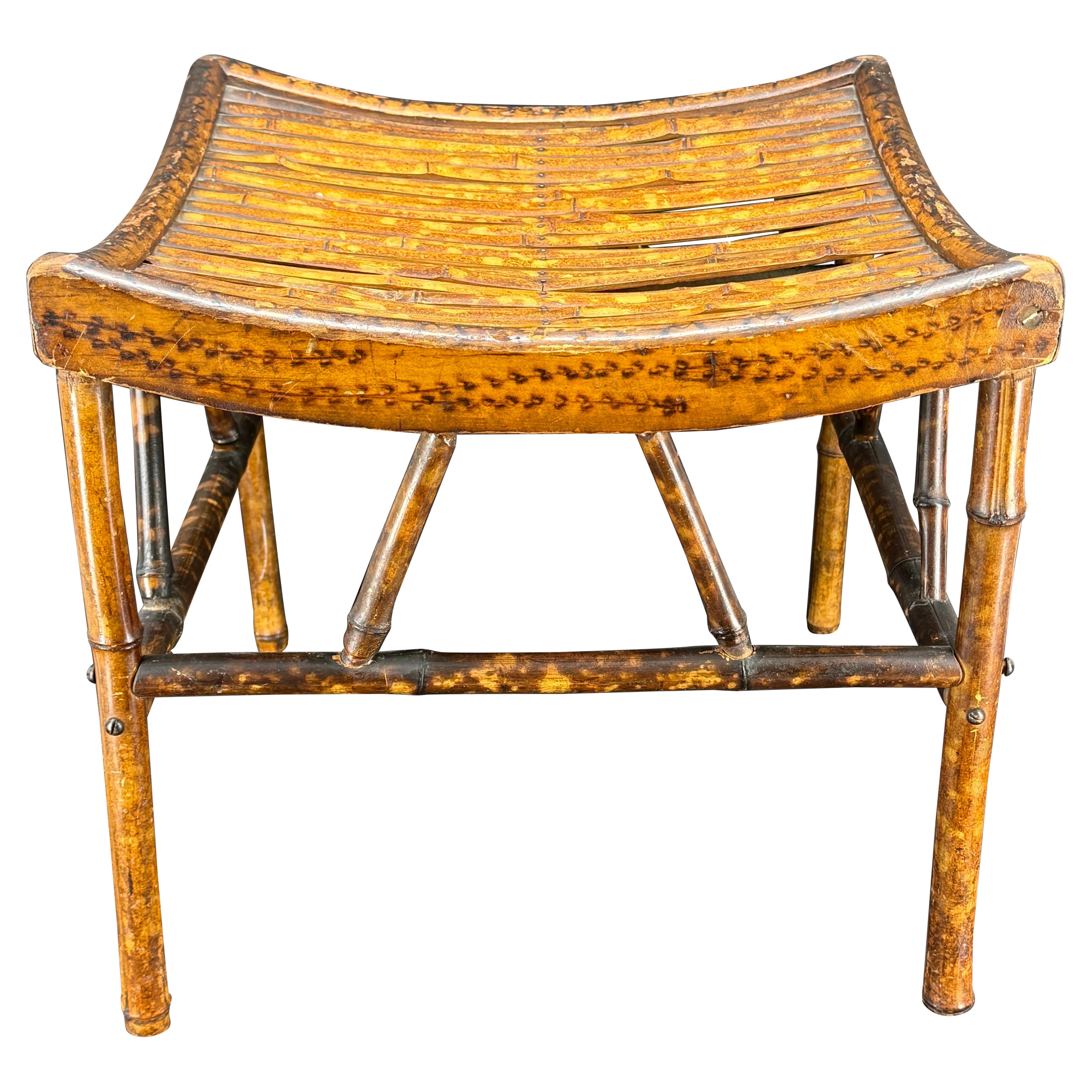 English Faux Tortoise Burnt Bamboo Stool or Low Side Table, 1960’s For Sale