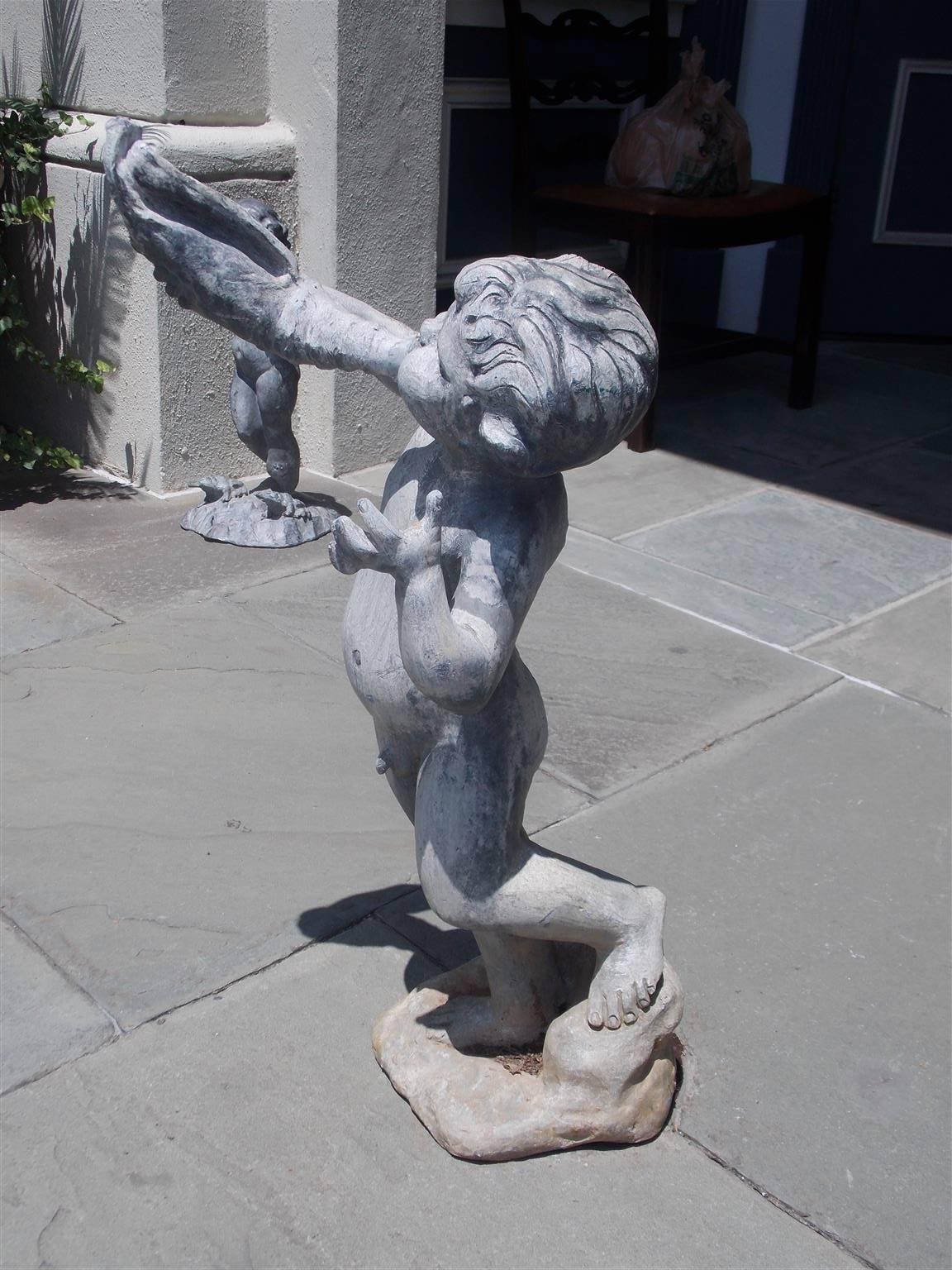 William IV English Figural Lead Fountain with a Young Man Blowing on a Conch Shell, C. 1850 For Sale
