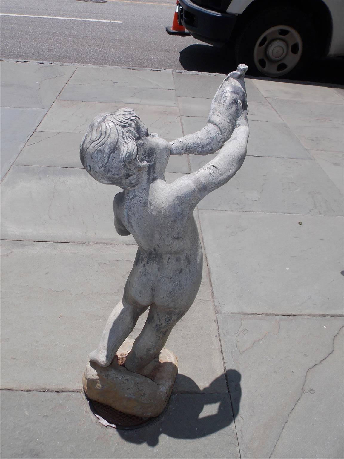 Mid-19th Century English Figural Lead Fountain with a Young Man Blowing on a Conch Shell, C. 1850 For Sale