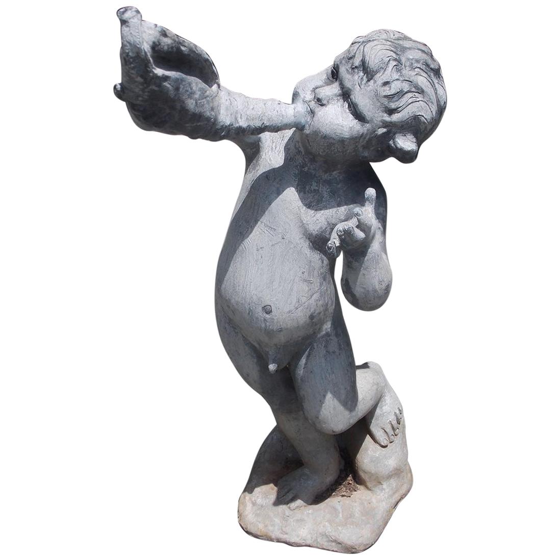 English Figural Lead Fountain with a Young Man Blowing on a Conch Shell, C. 1850 For Sale