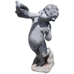 Antique English Figural Lead Fountain with a Young Man Blowing on a Conch Shell, C. 1850