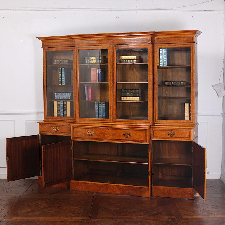 20th Century English Figured Maple Breakfront Library Bookcase