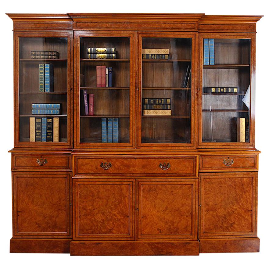 English Figured Maple Breakfront Library Bookcase