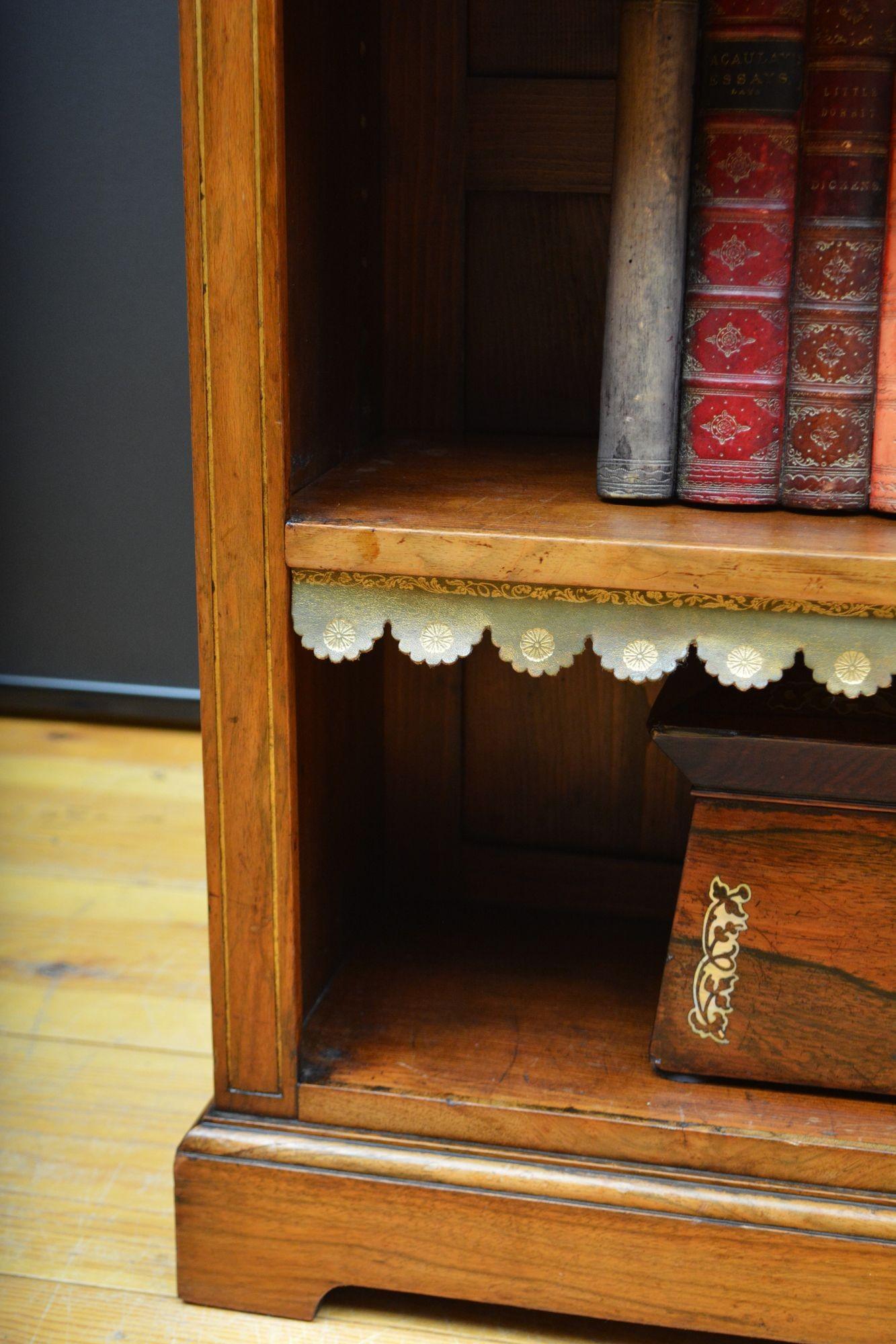 English Figured Walnut Open Bookcase with Marble Top For Sale 6