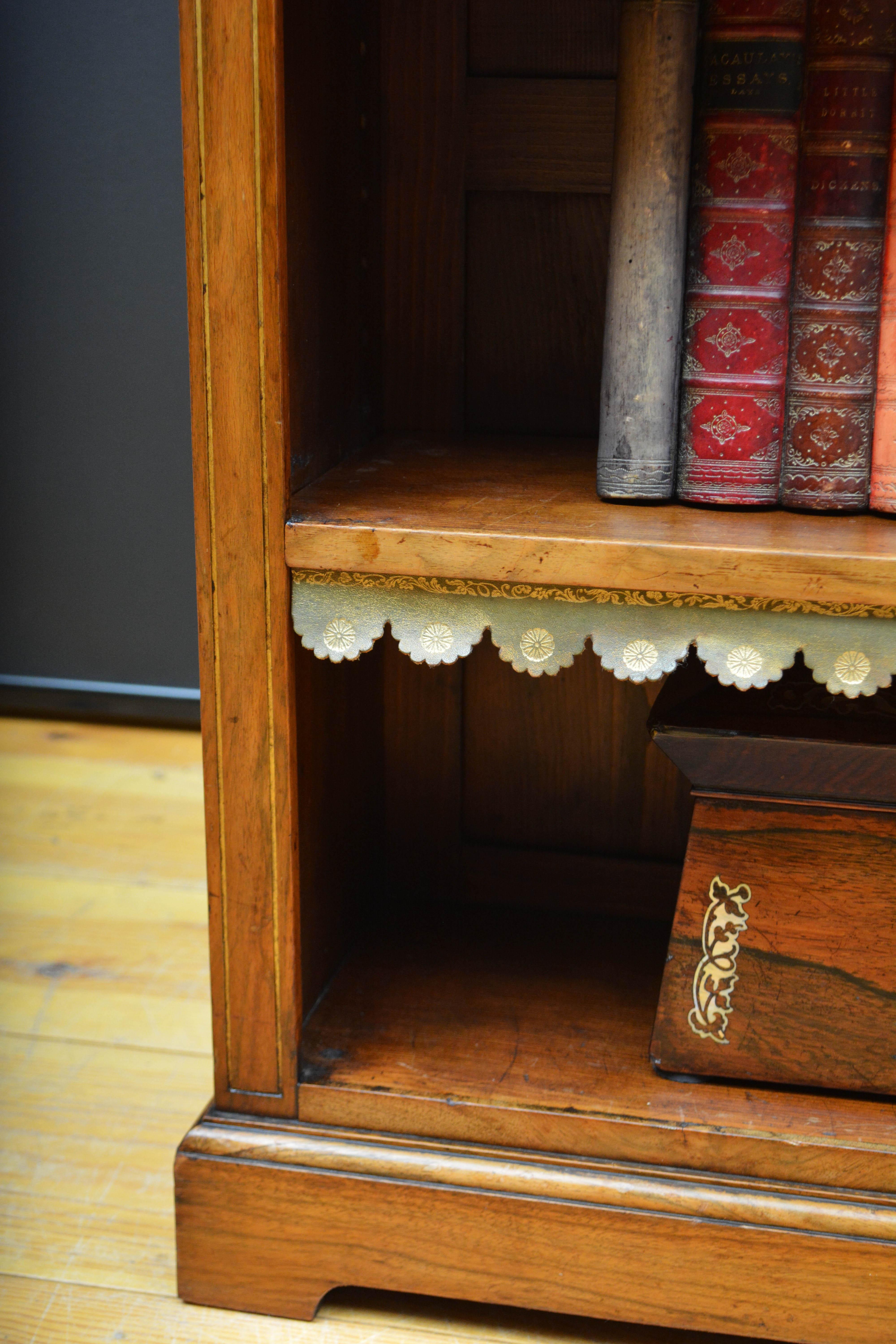 English Figured Walnut Open Bookcase with Marble Top For Sale 6