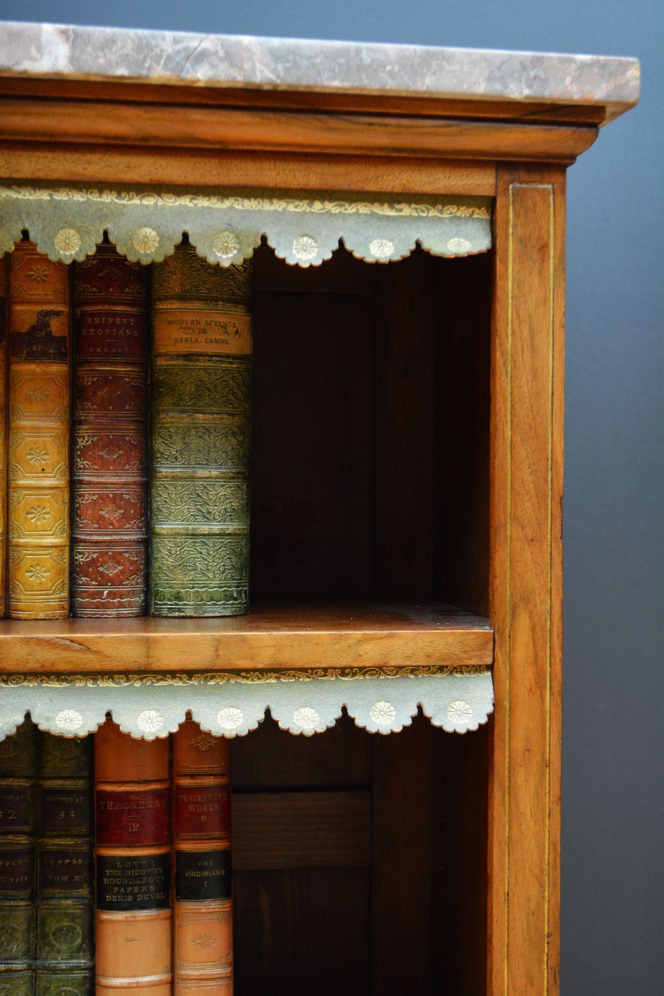 English Figured Walnut Open Bookcase with Marble Top For Sale 7