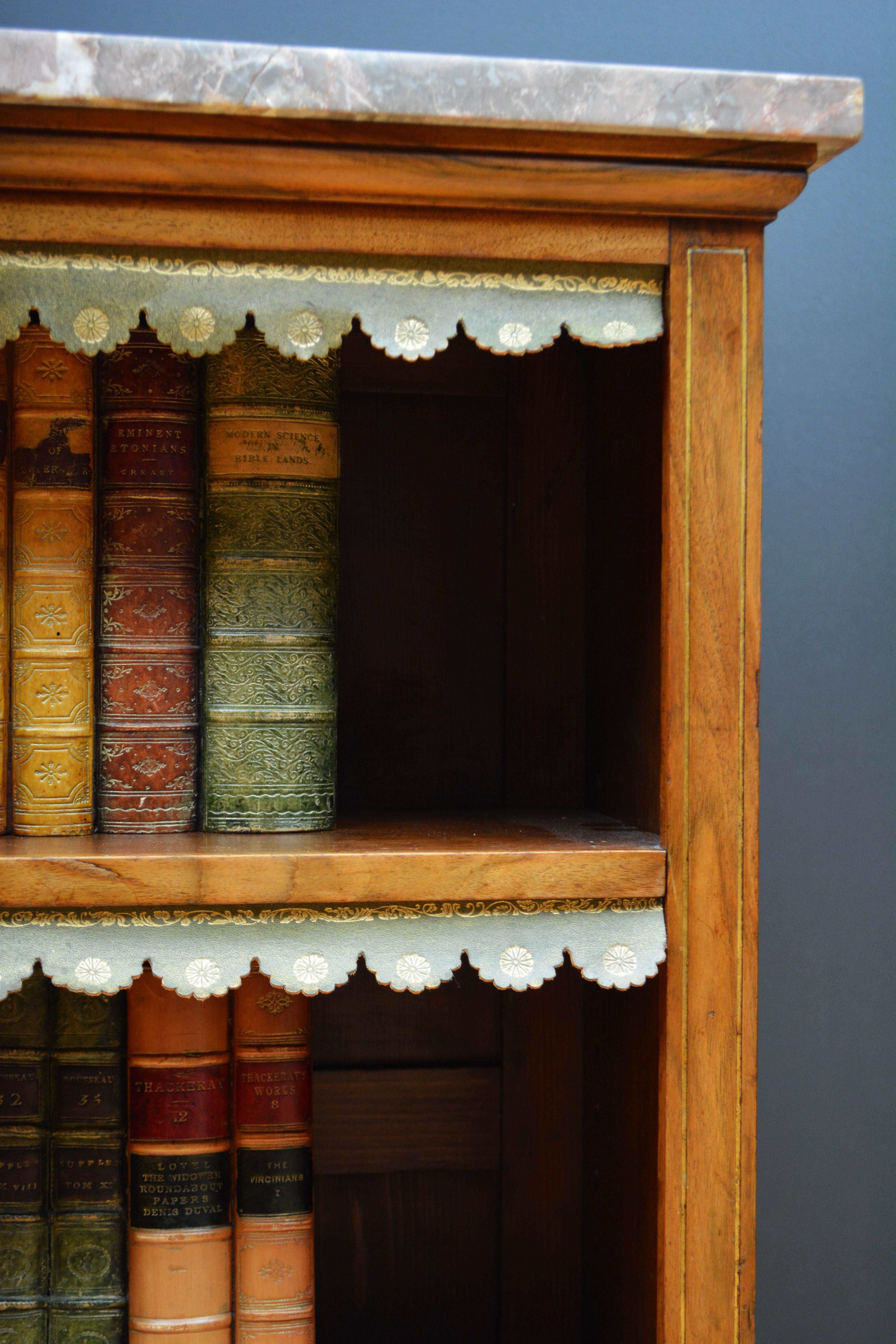 English Figured Walnut Open Bookcase with Marble Top For Sale 7