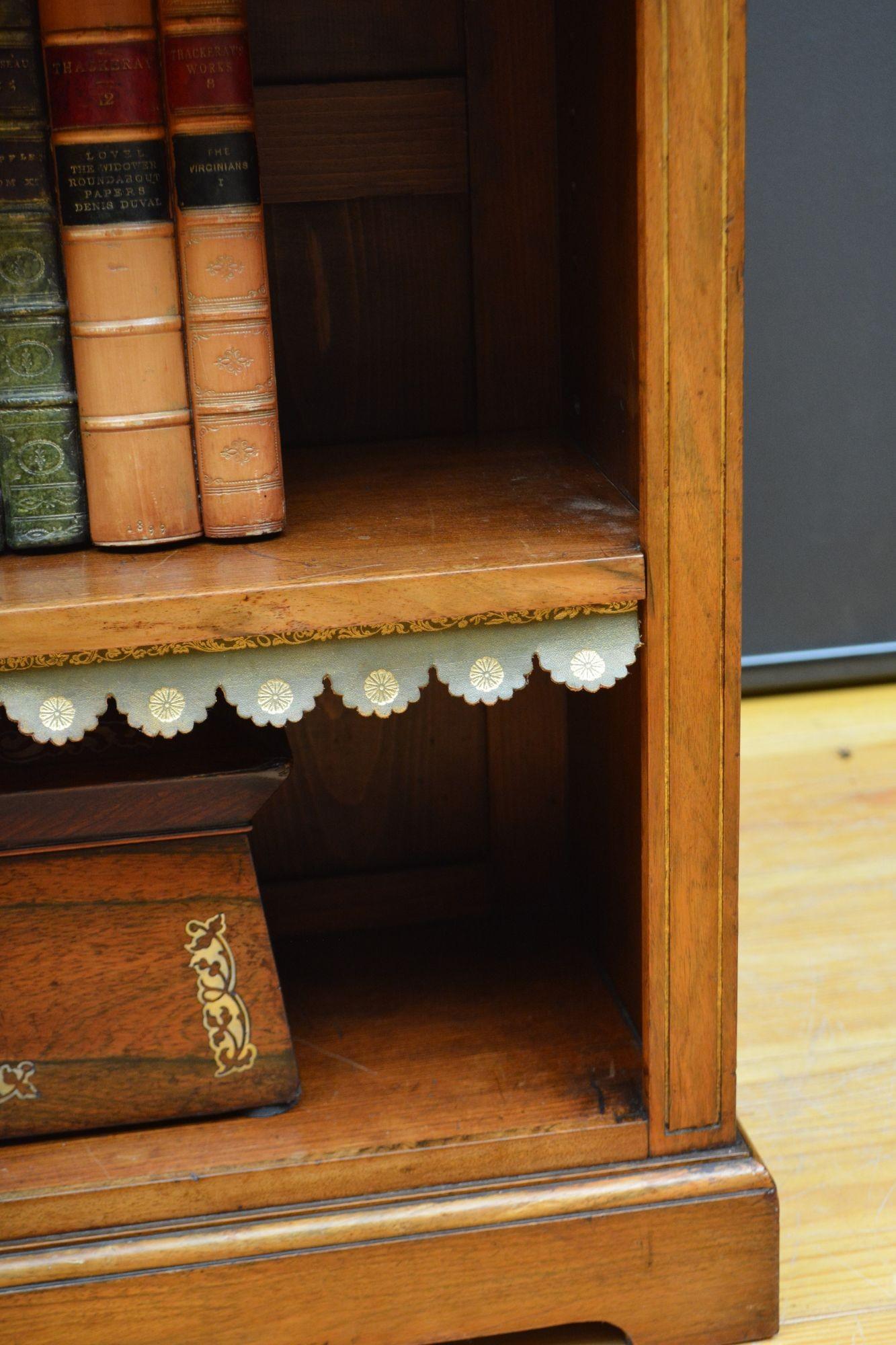 English Figured Walnut Open Bookcase with Marble Top For Sale 8