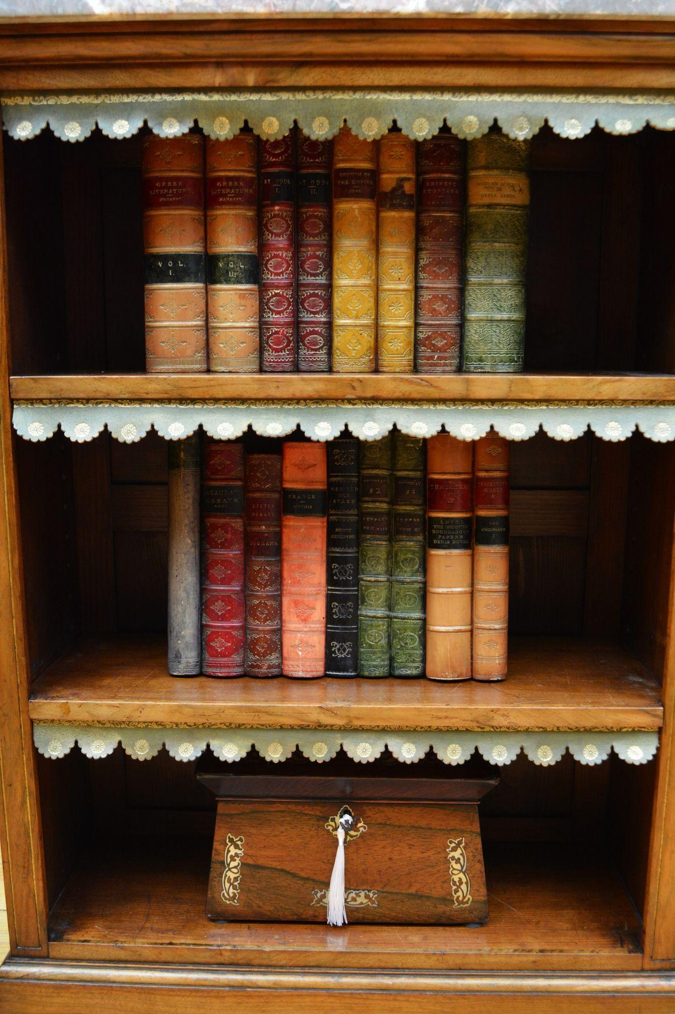 English Figured Walnut Open Bookcase with Marble Top For Sale 9