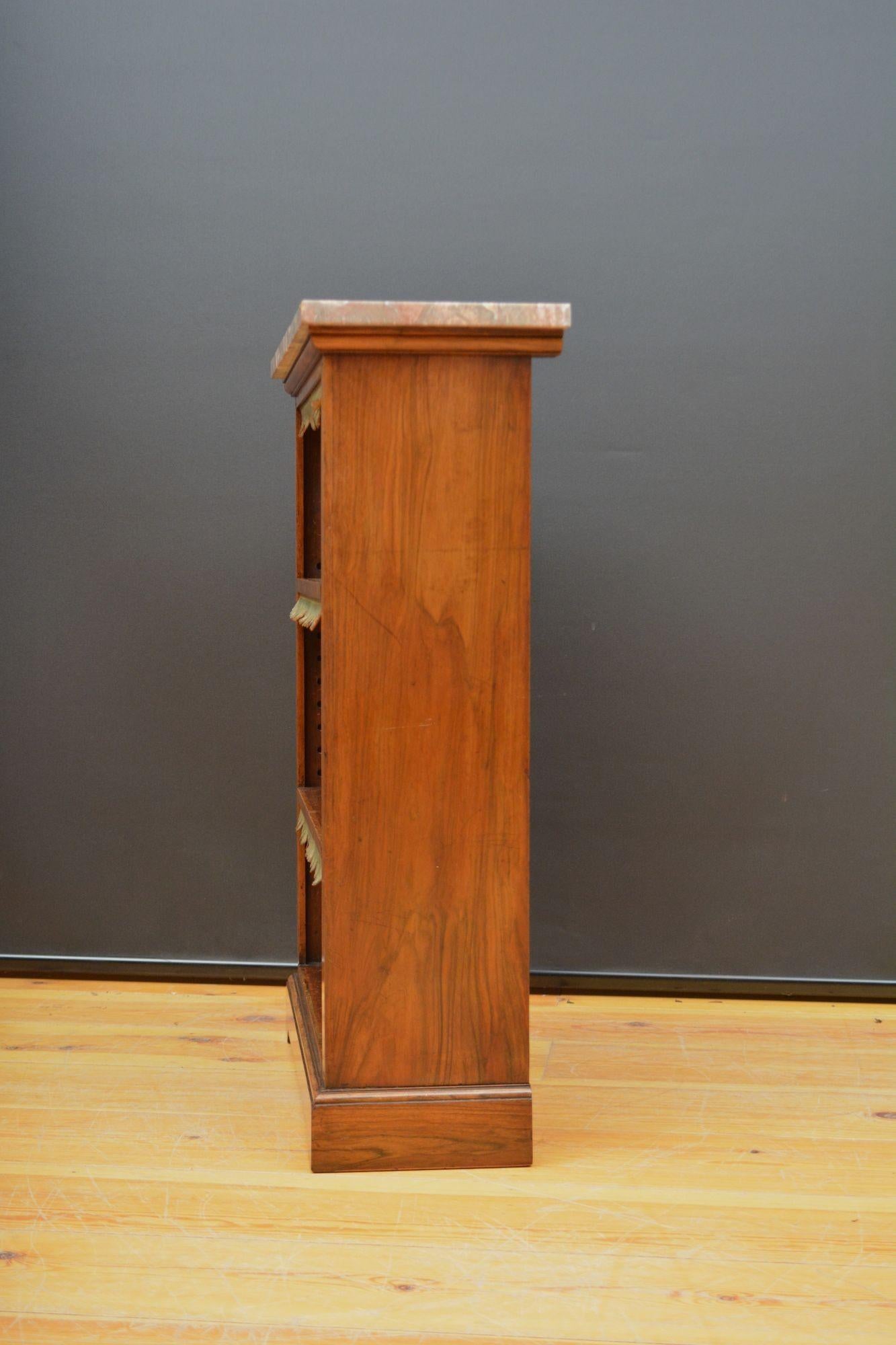 English Figured Walnut Open Bookcase with Marble Top For Sale 10