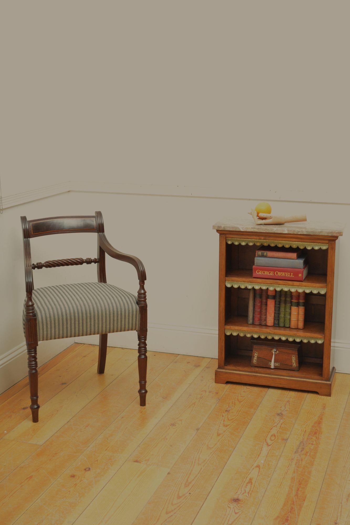 English Figured Walnut Open Bookcase with Marble Top For Sale 13