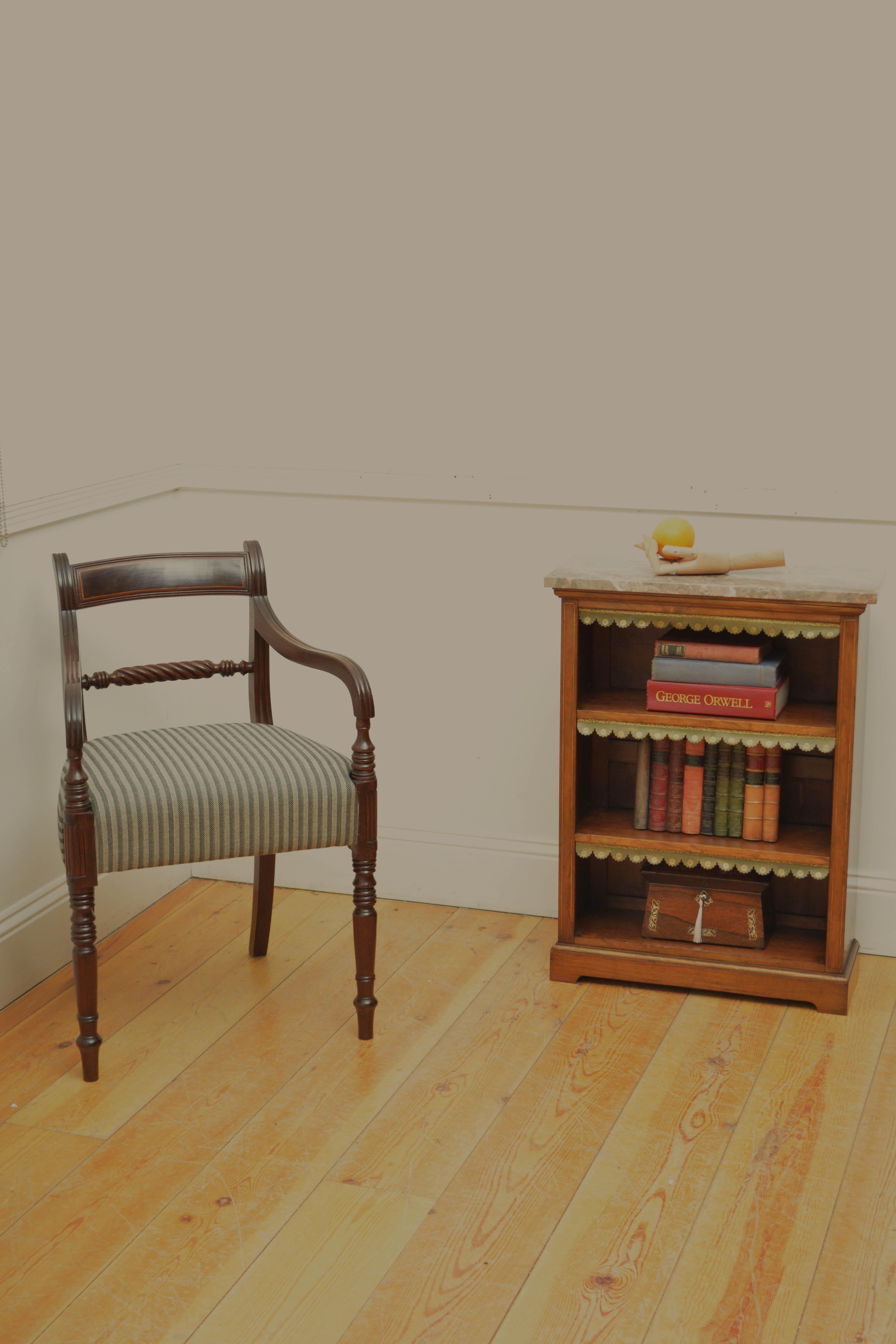 English Figured Walnut Open Bookcase with Marble Top For Sale 13