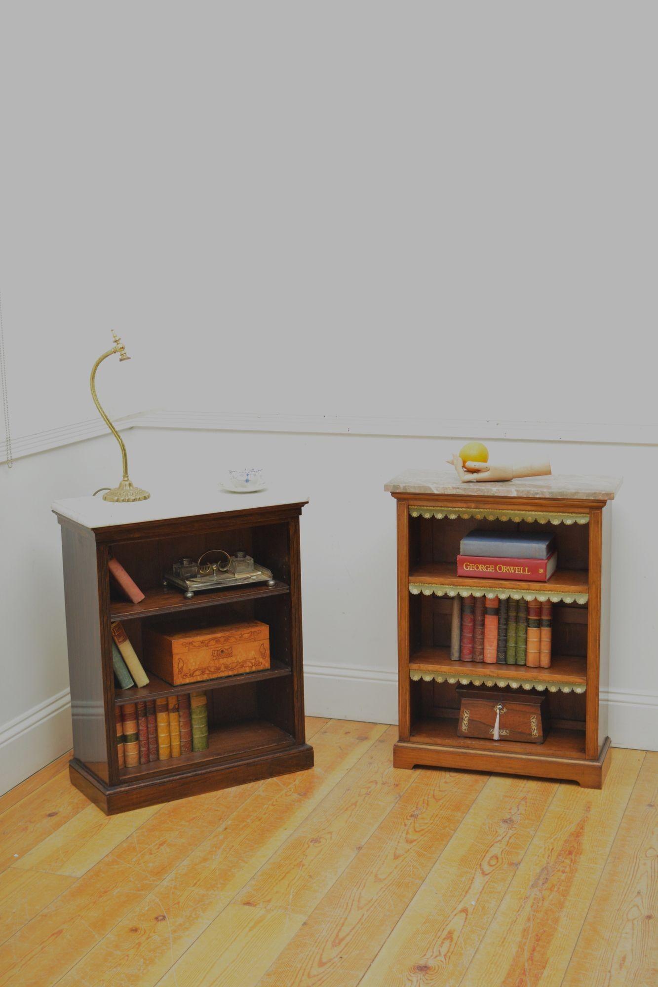 English Figured Walnut Open Bookcase with Marble Top For Sale 14