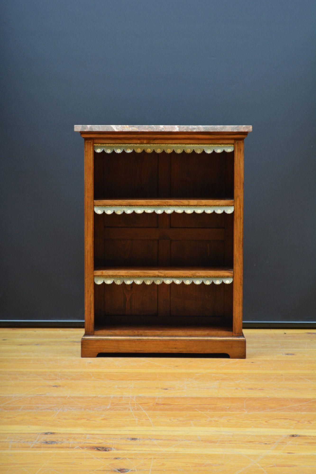 English Figured Walnut Open Bookcase with Marble Top In Good Condition For Sale In Whaley Bridge, GB