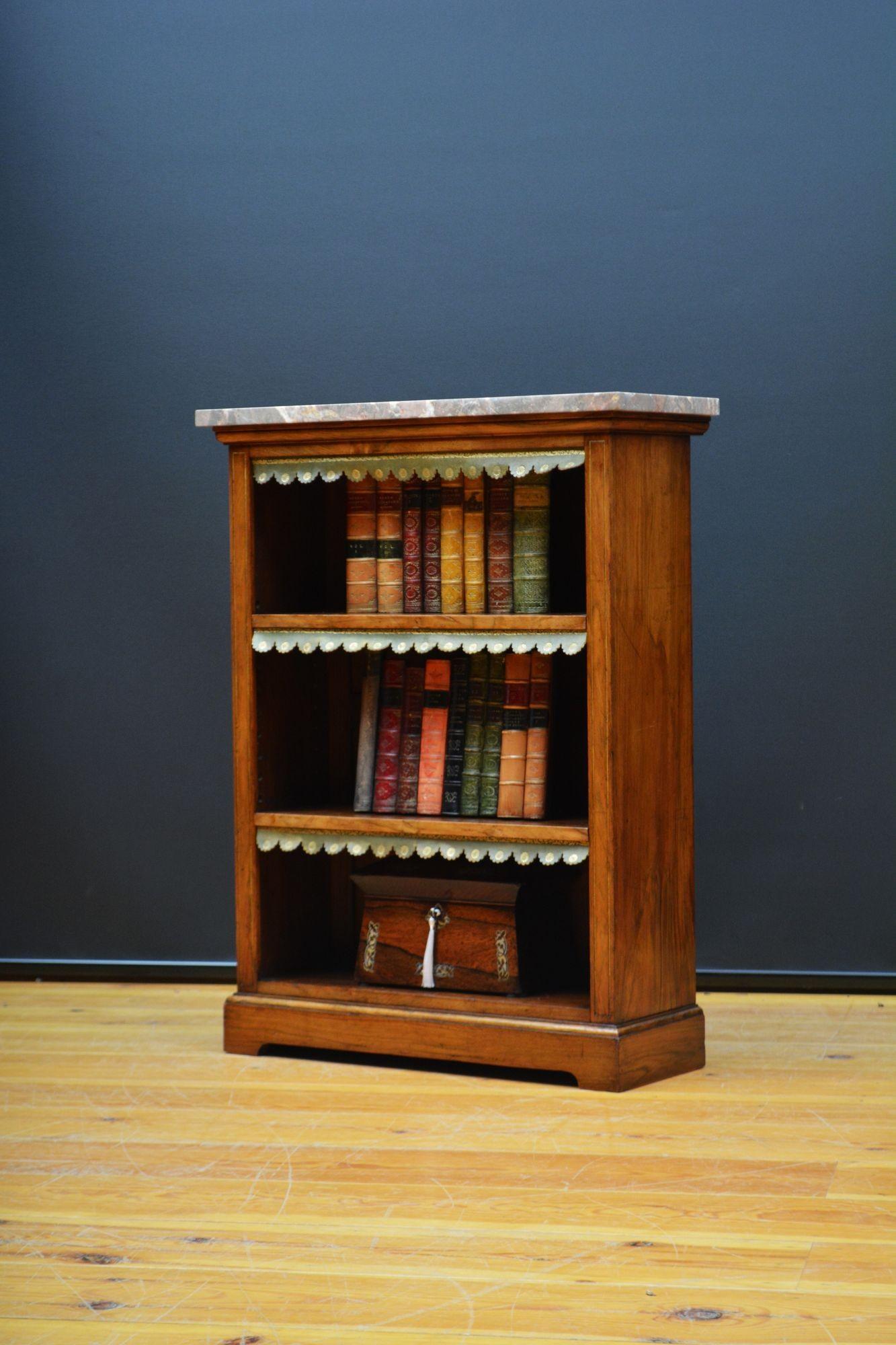 19th Century English Figured Walnut Open Bookcase with Marble Top For Sale