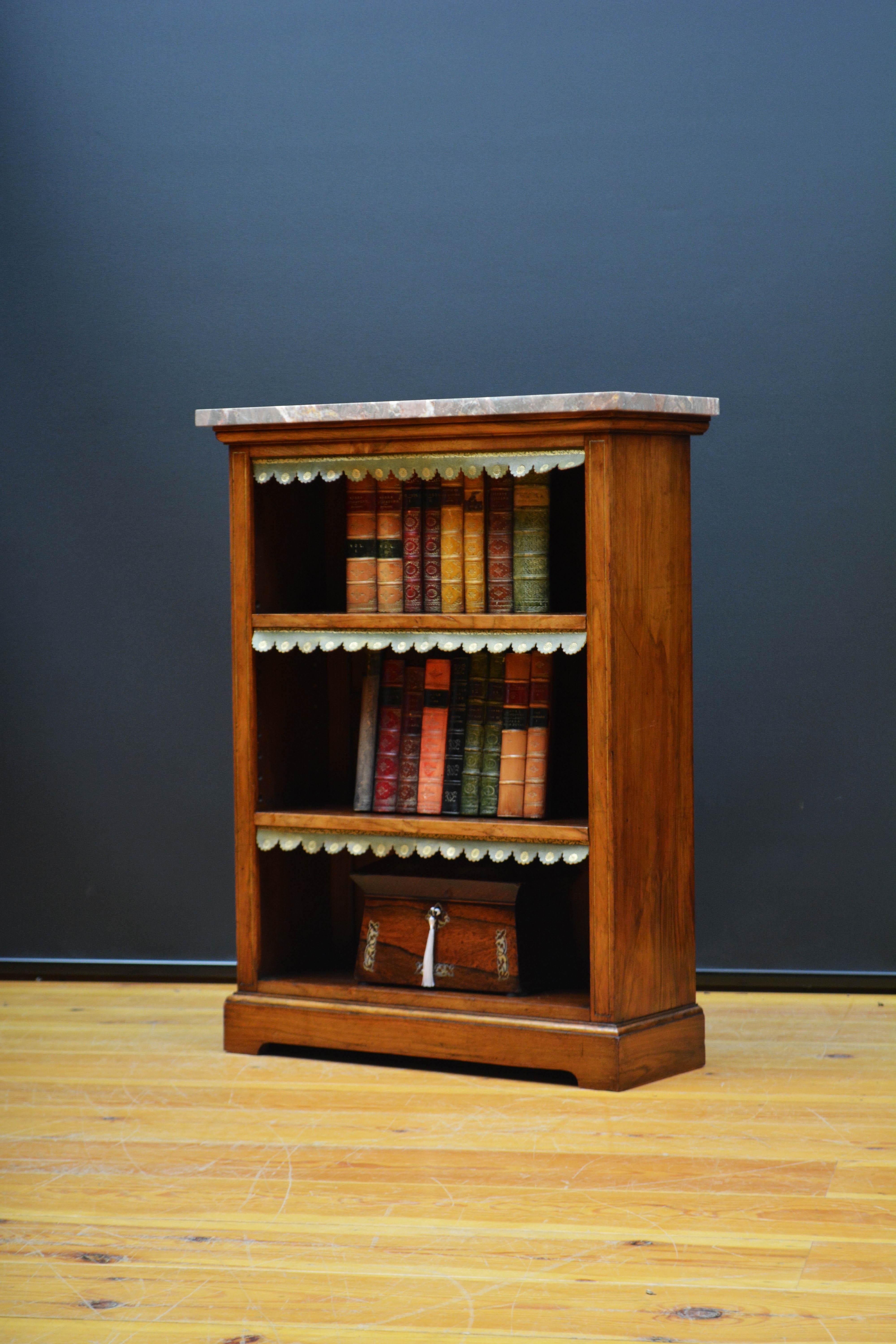 19th Century English Figured Walnut Open Bookcase with Marble Top For Sale