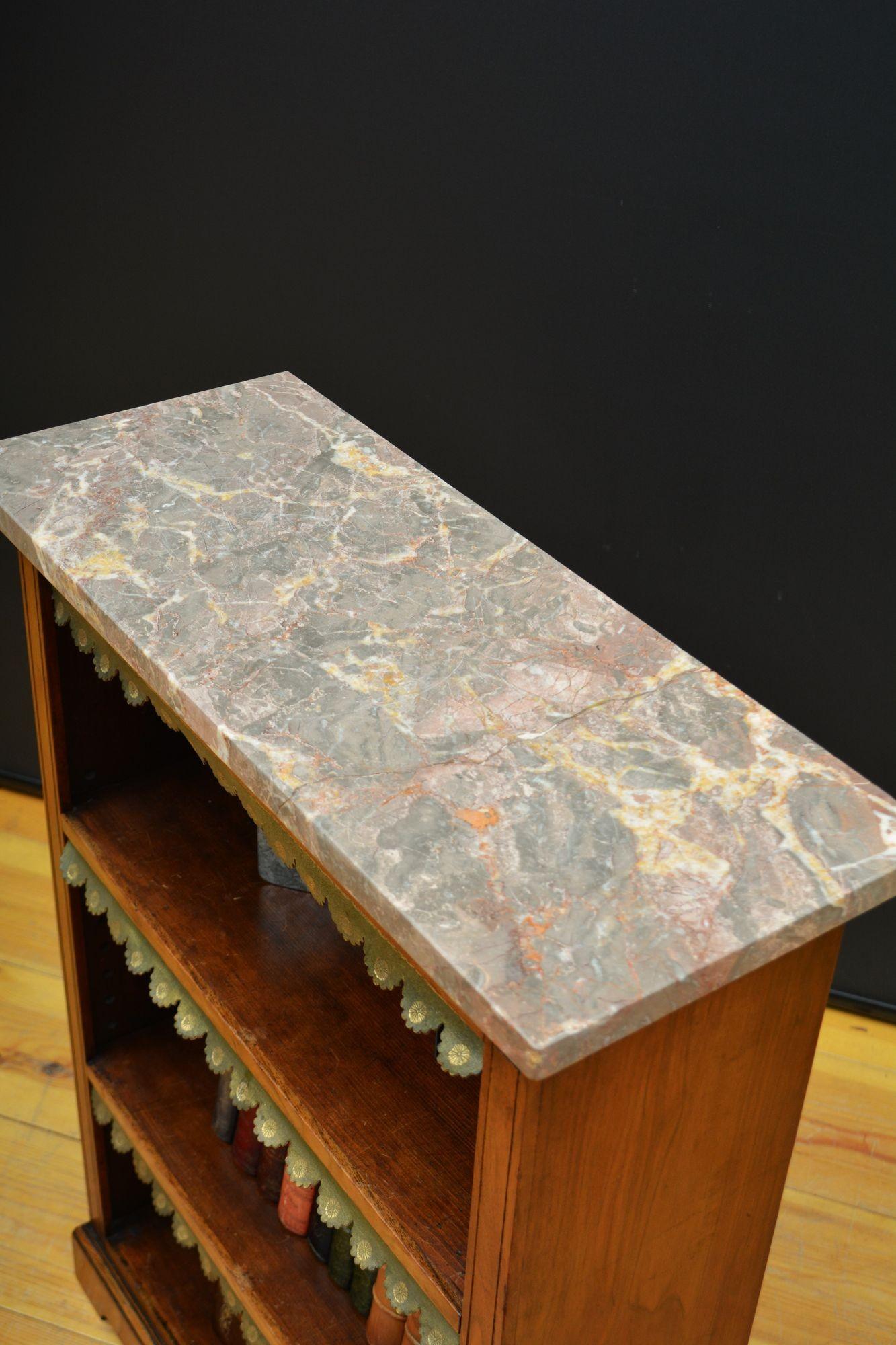 English Figured Walnut Open Bookcase with Marble Top For Sale 3