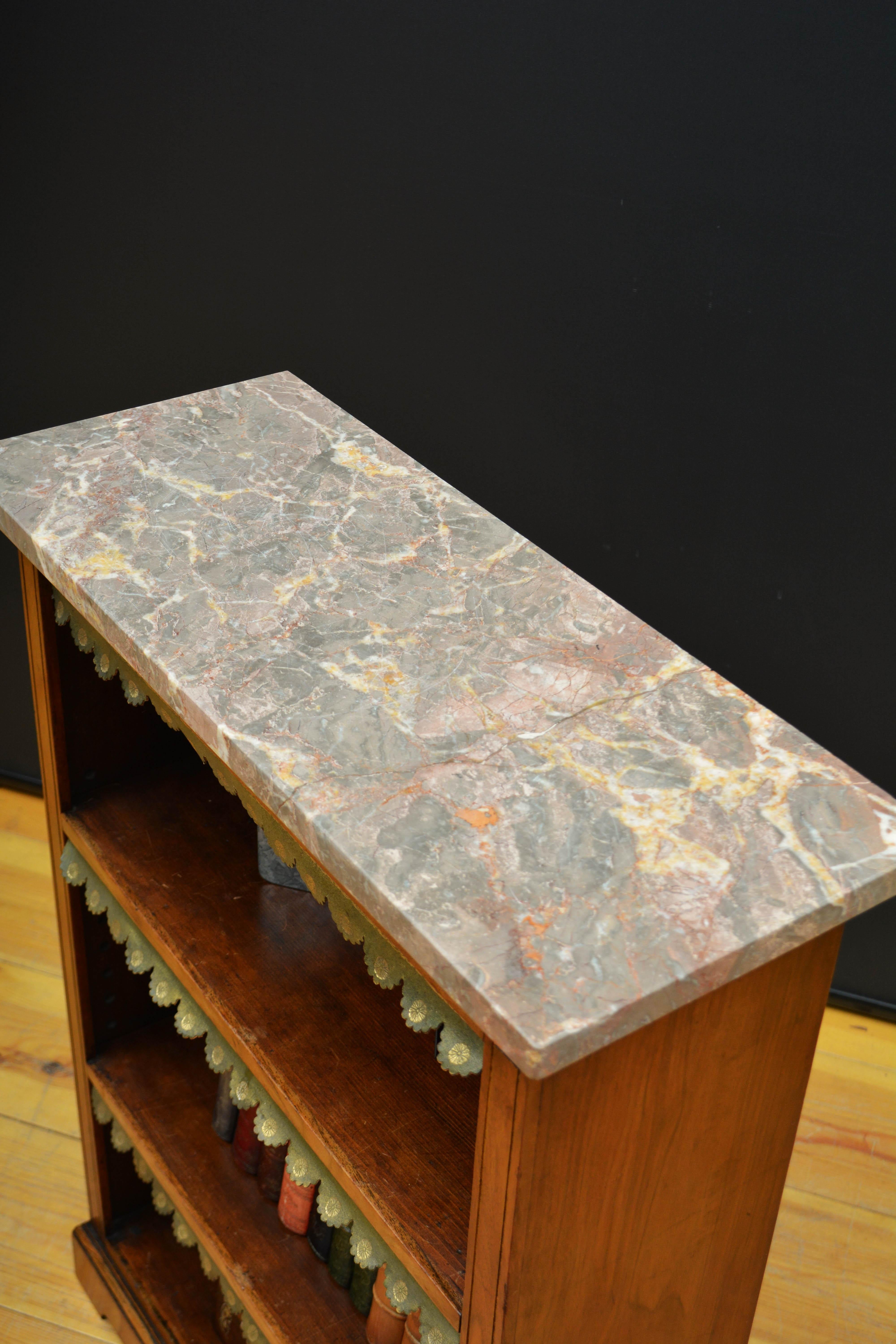 English Figured Walnut Open Bookcase with Marble Top For Sale 3