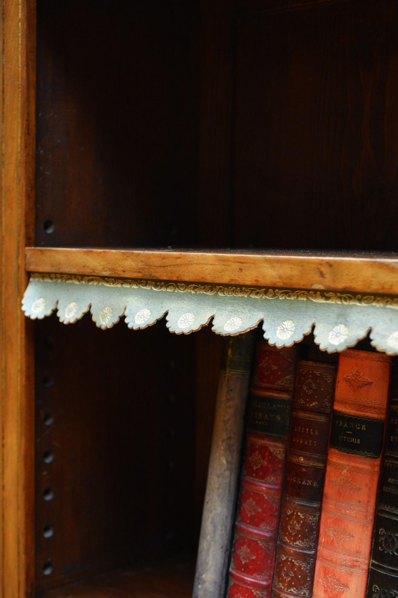 English Figured Walnut Open Bookcase with Marble Top For Sale 4
