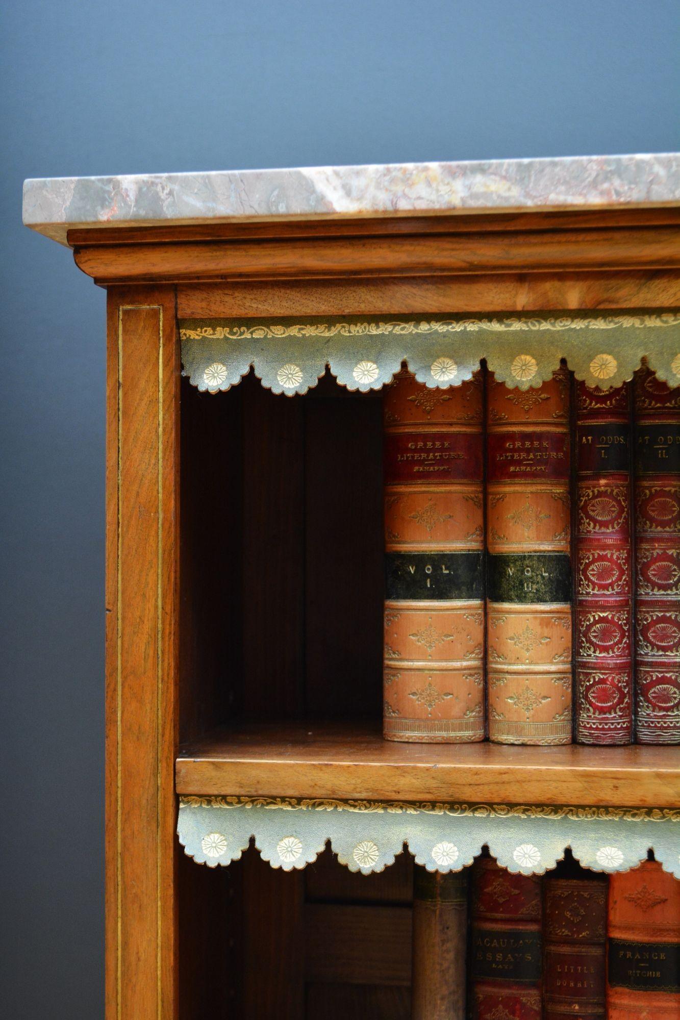 English Figured Walnut Open Bookcase with Marble Top For Sale 5