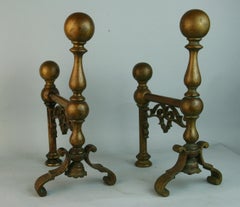English Brass Firedogs Tool Rests, Antique Fireplace Tools, 1890s
