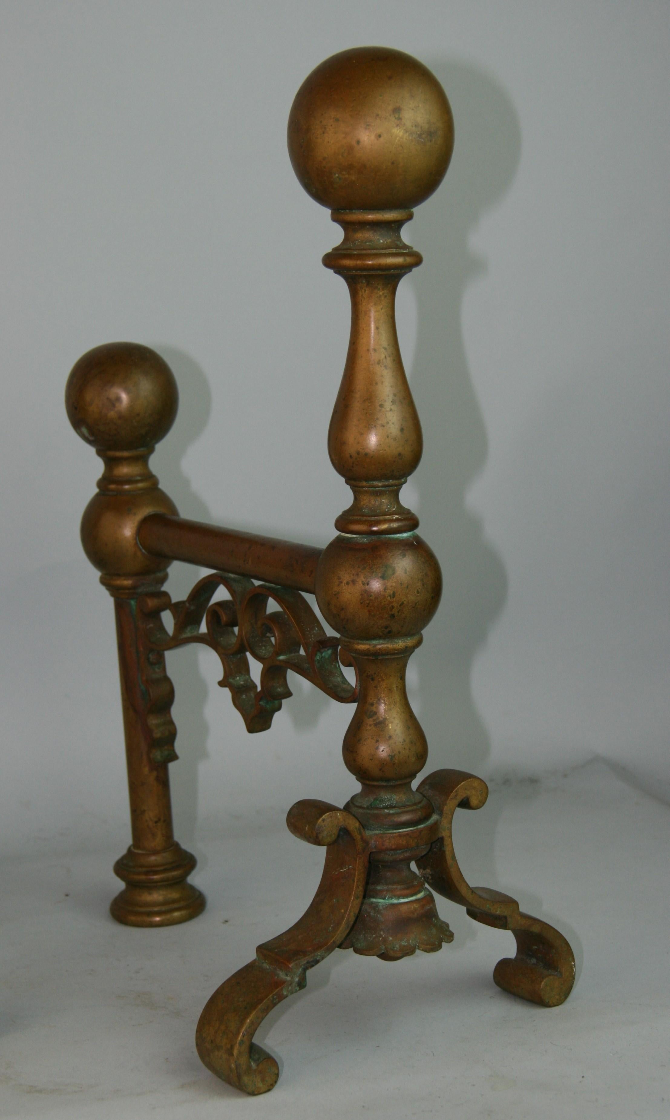 English Firedog /Tool Rests Solid Brass, 1890's In Good Condition For Sale In Douglas Manor, NY