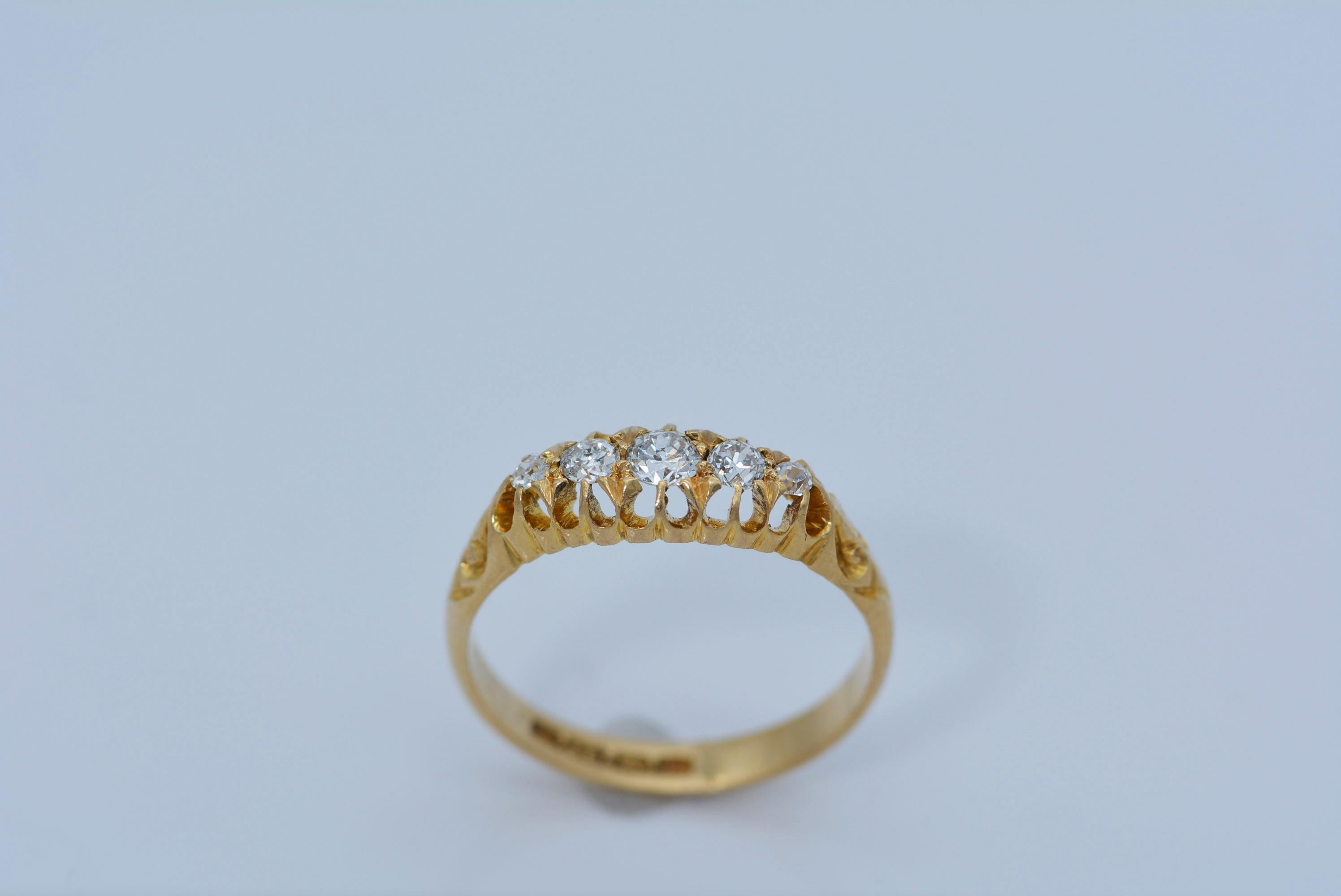Old European Cut English Five Diamond Ring in 18 Karat Gold For Sale