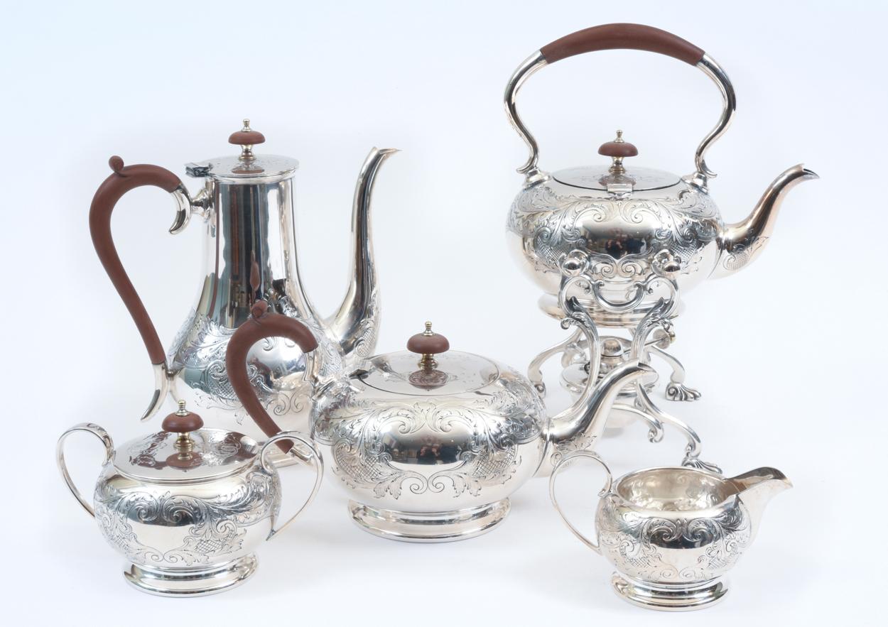 English Five-Piece Silver Plate Tea or Coffee Service with Wood Handle 6