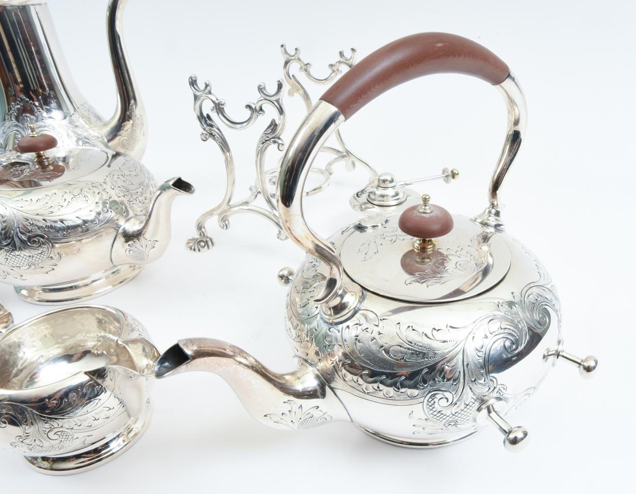 Early 20th Century English Five-Piece Silver Plate Tea or Coffee Service with Wood Handle