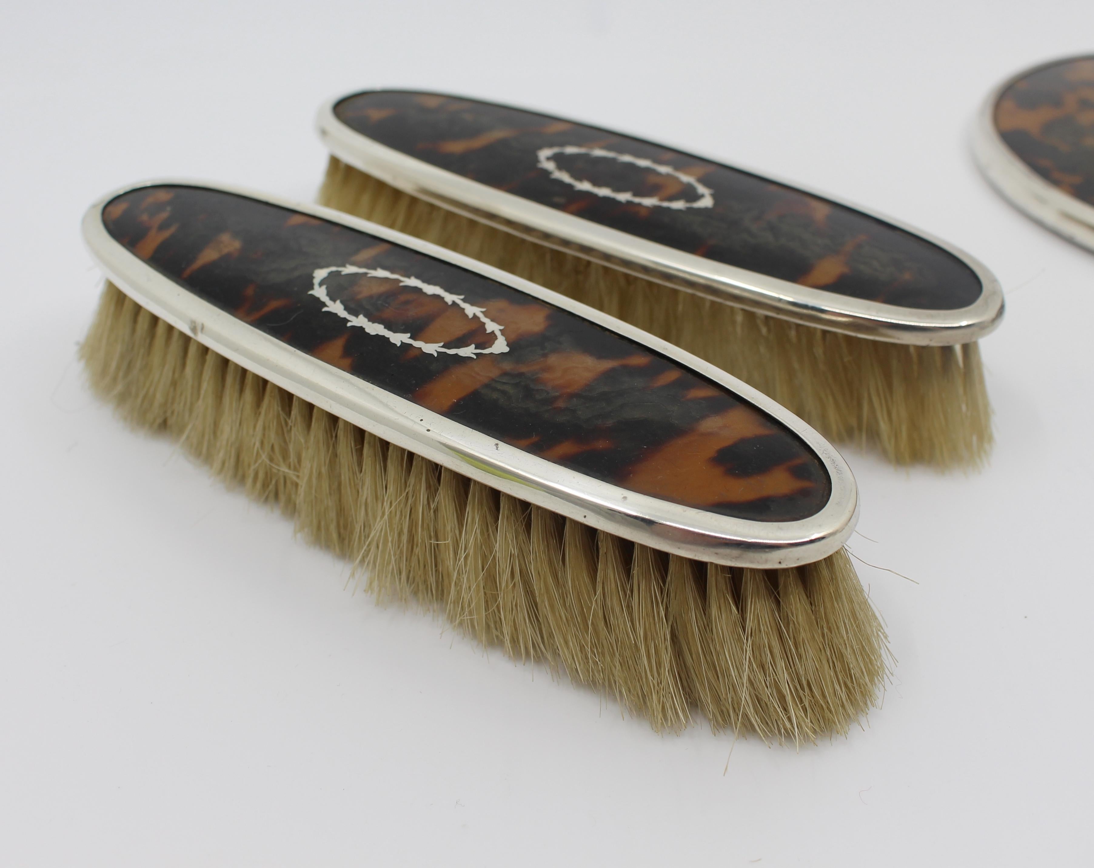 Sterling Silver English Five Piece Silver & Tortoiseshell Vanity Brush Set, 1923 For Sale