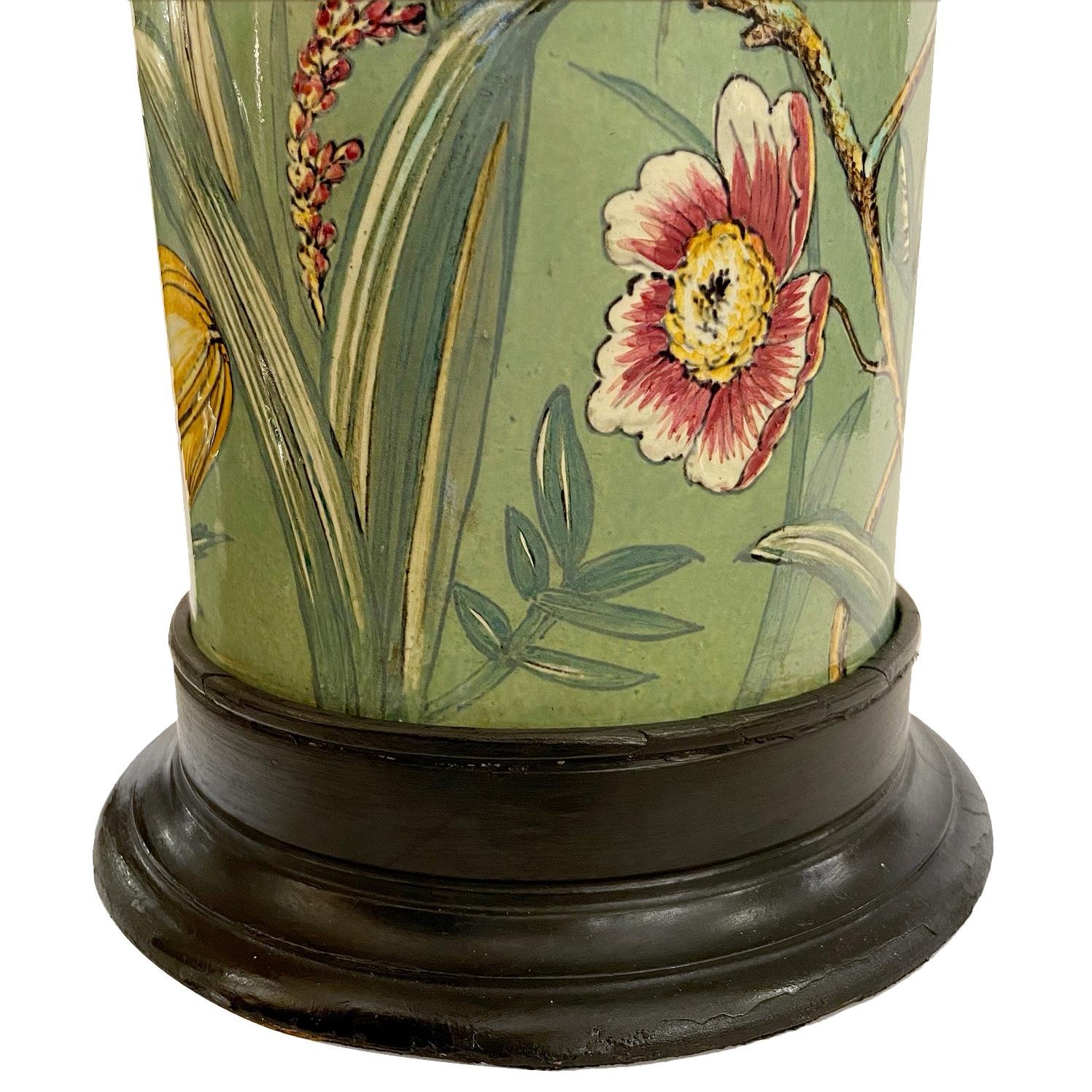 English Floral Green Porcelain Lamp For Sale 3
