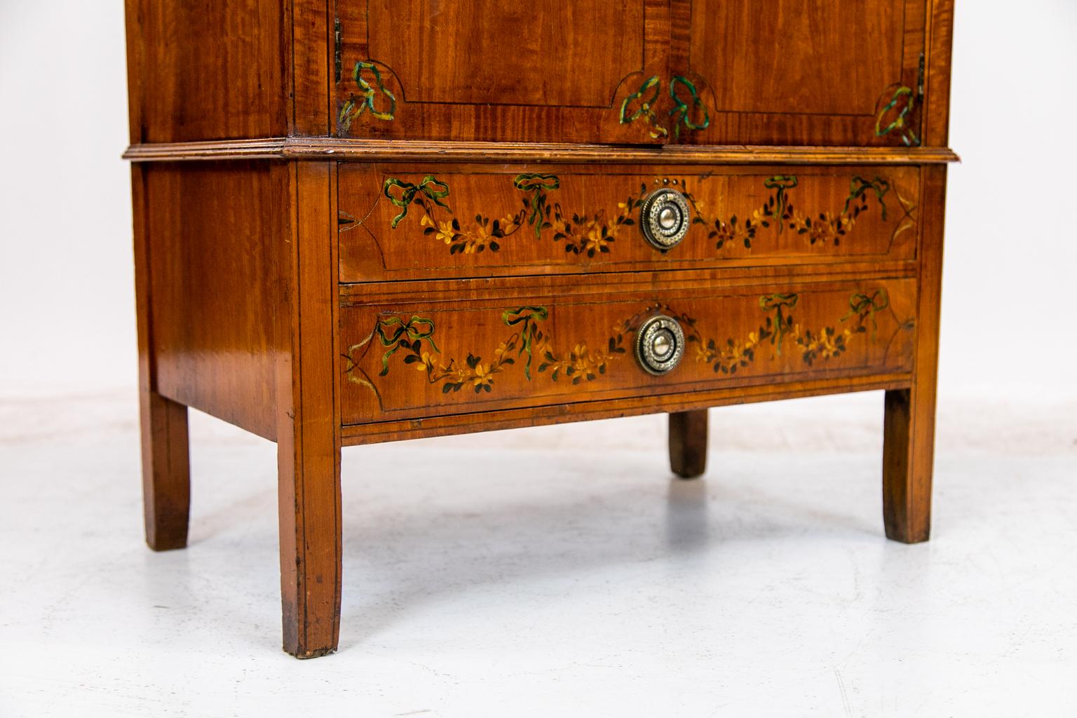 19th Century English Floral Painted Satinwood Cabinet For Sale