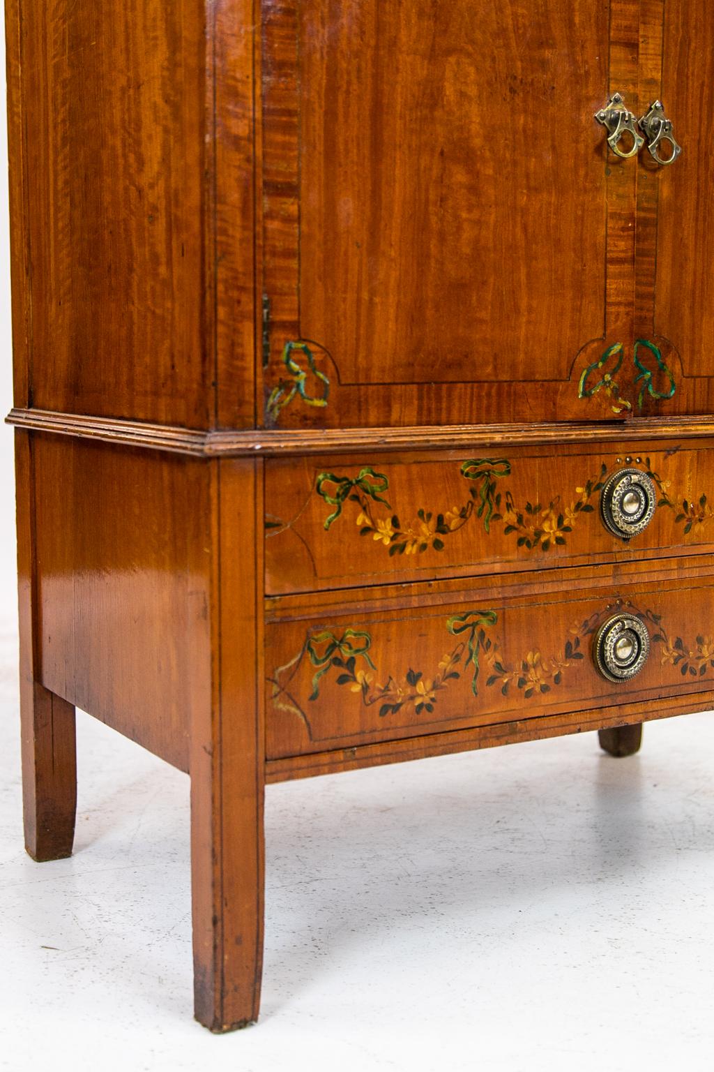 Wood English Floral Painted Satinwood Cabinet For Sale