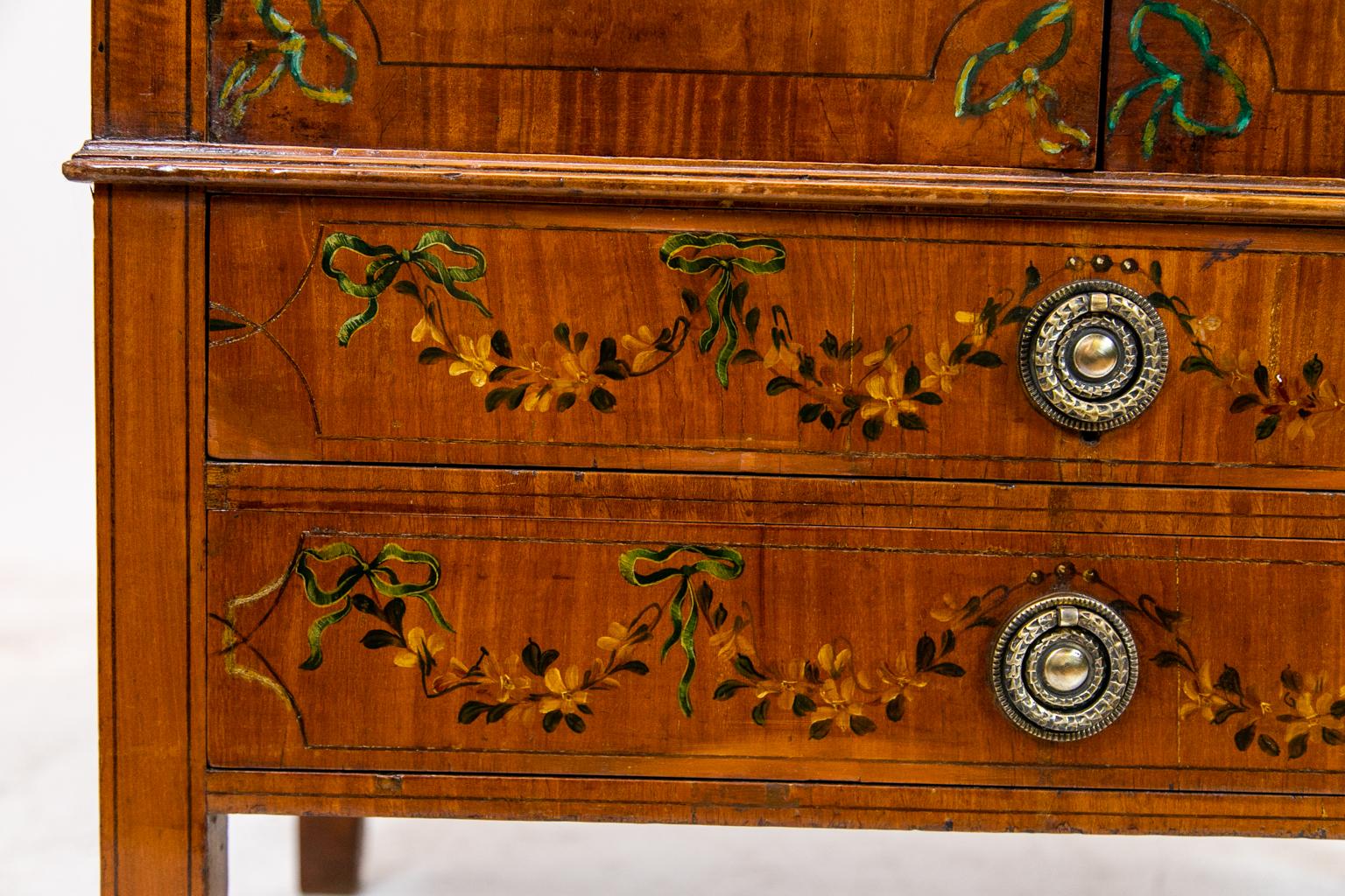 English Floral Painted Satinwood Cabinet For Sale 3