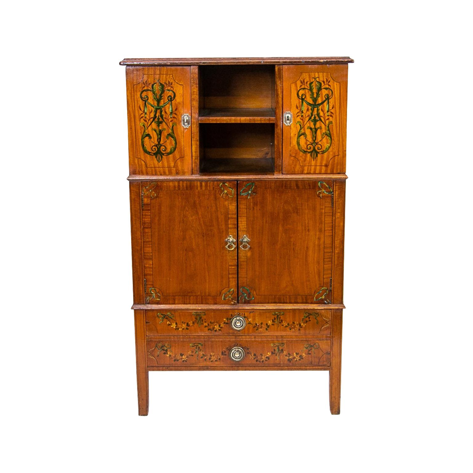 English Floral Painted Satinwood Cabinet For Sale