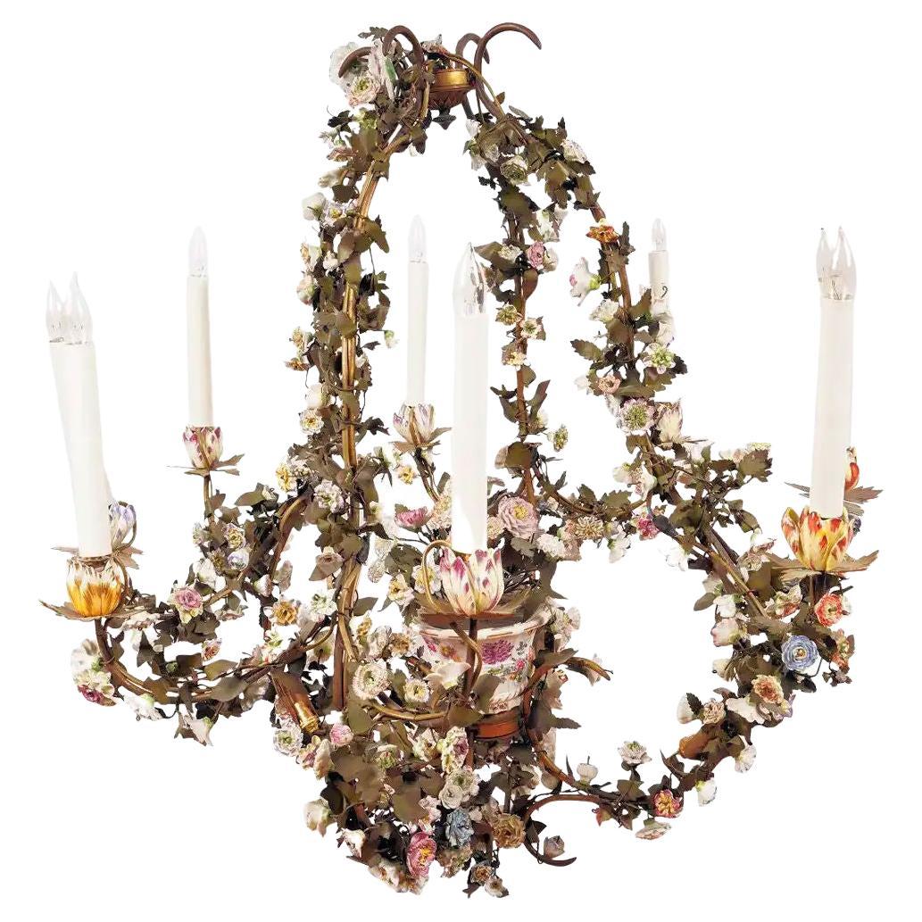 English Floral Porcelain and Brass Eight-Light Chandelier