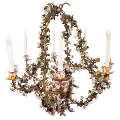 Antique English Floral Porcelain and Brass Eight-Light Chandelier