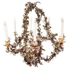 English Floral Porcelain and Brass Eight-Light Chandelier