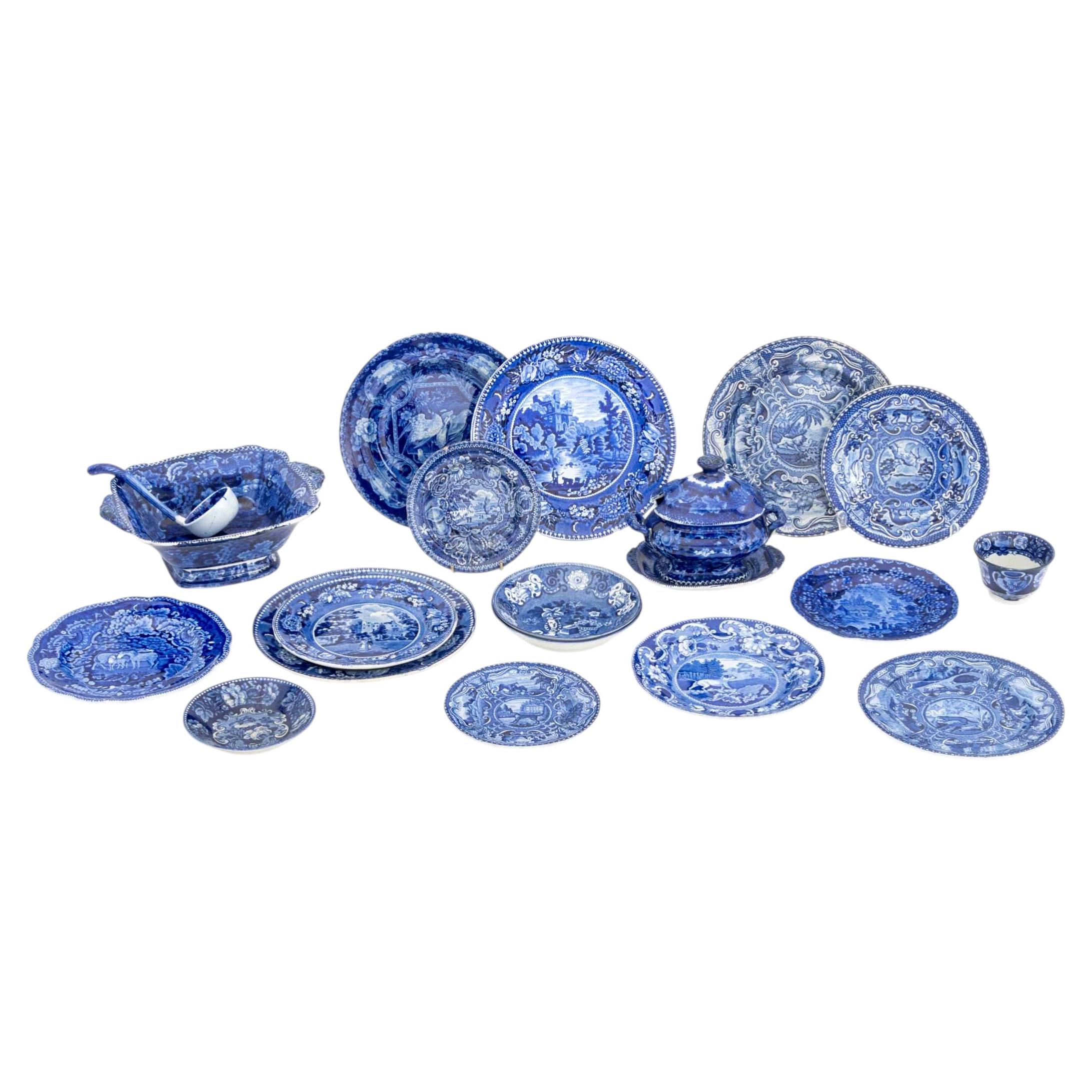 Set of 20 Pieces English Flow Blue Transferware Tableware For Sale
