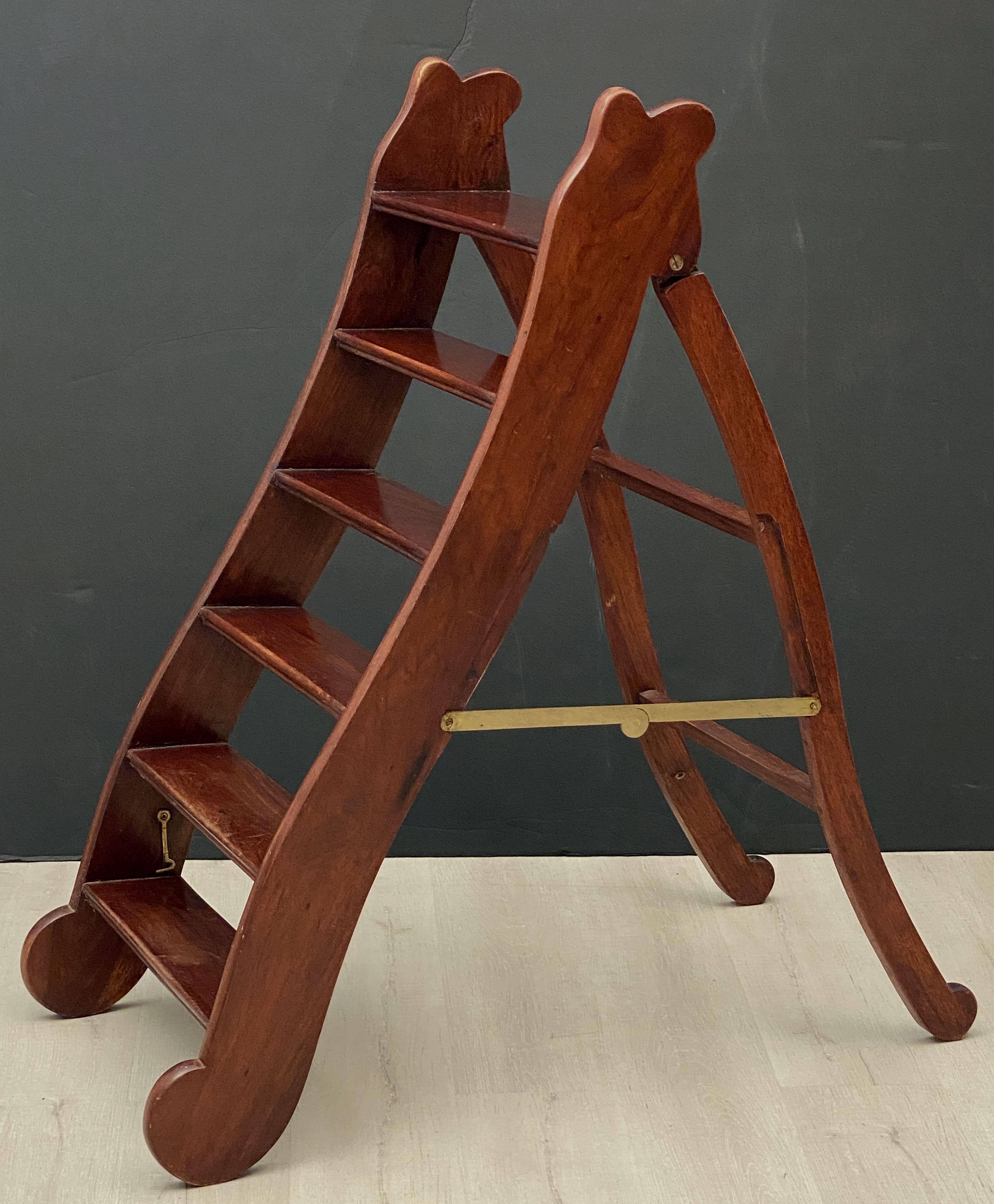 English Folding Library Step Ladder of Mahogany and Brass from the Edwardian Era 4