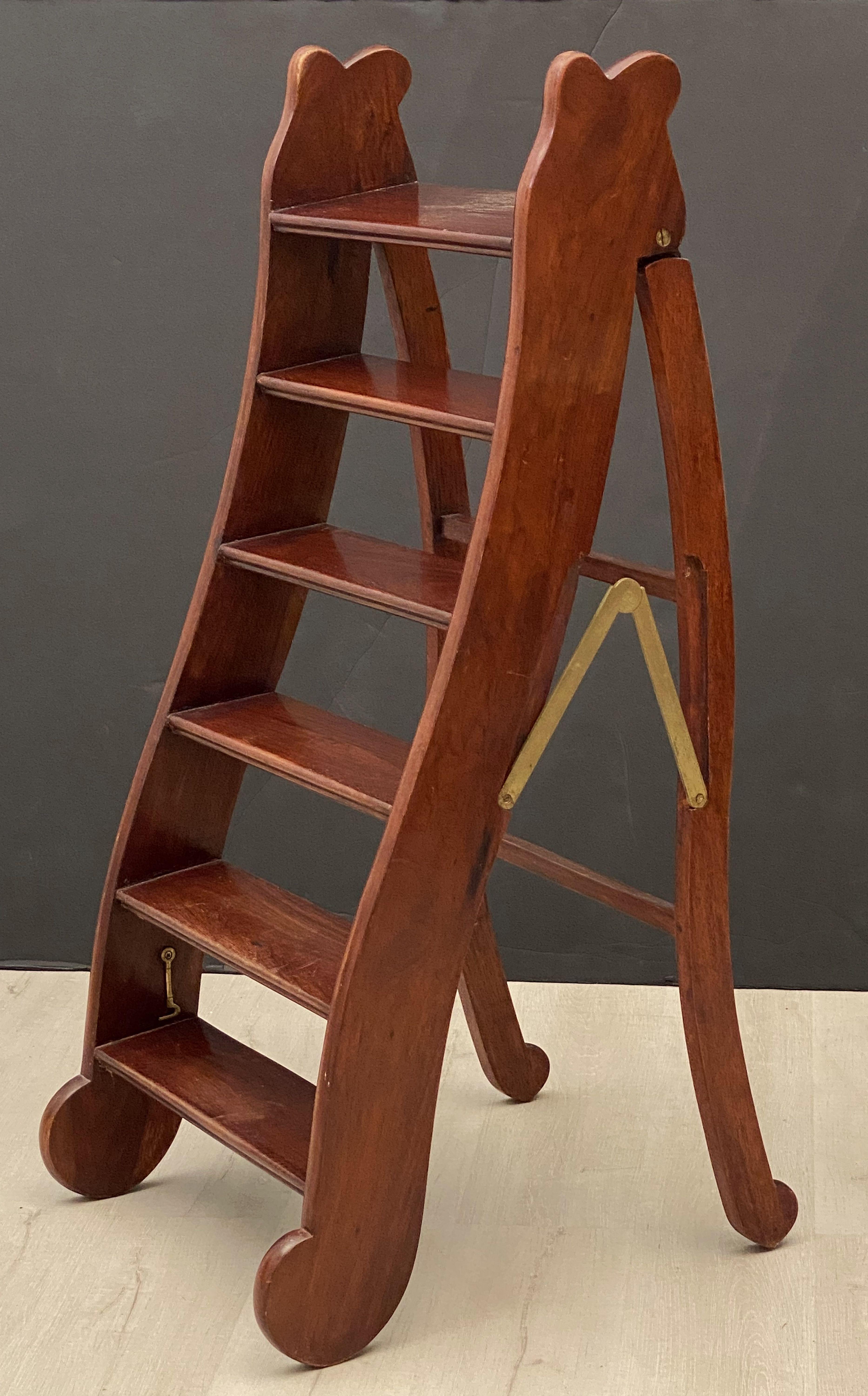 English Folding Library Step Ladder of Mahogany and Brass from the Edwardian Era 10