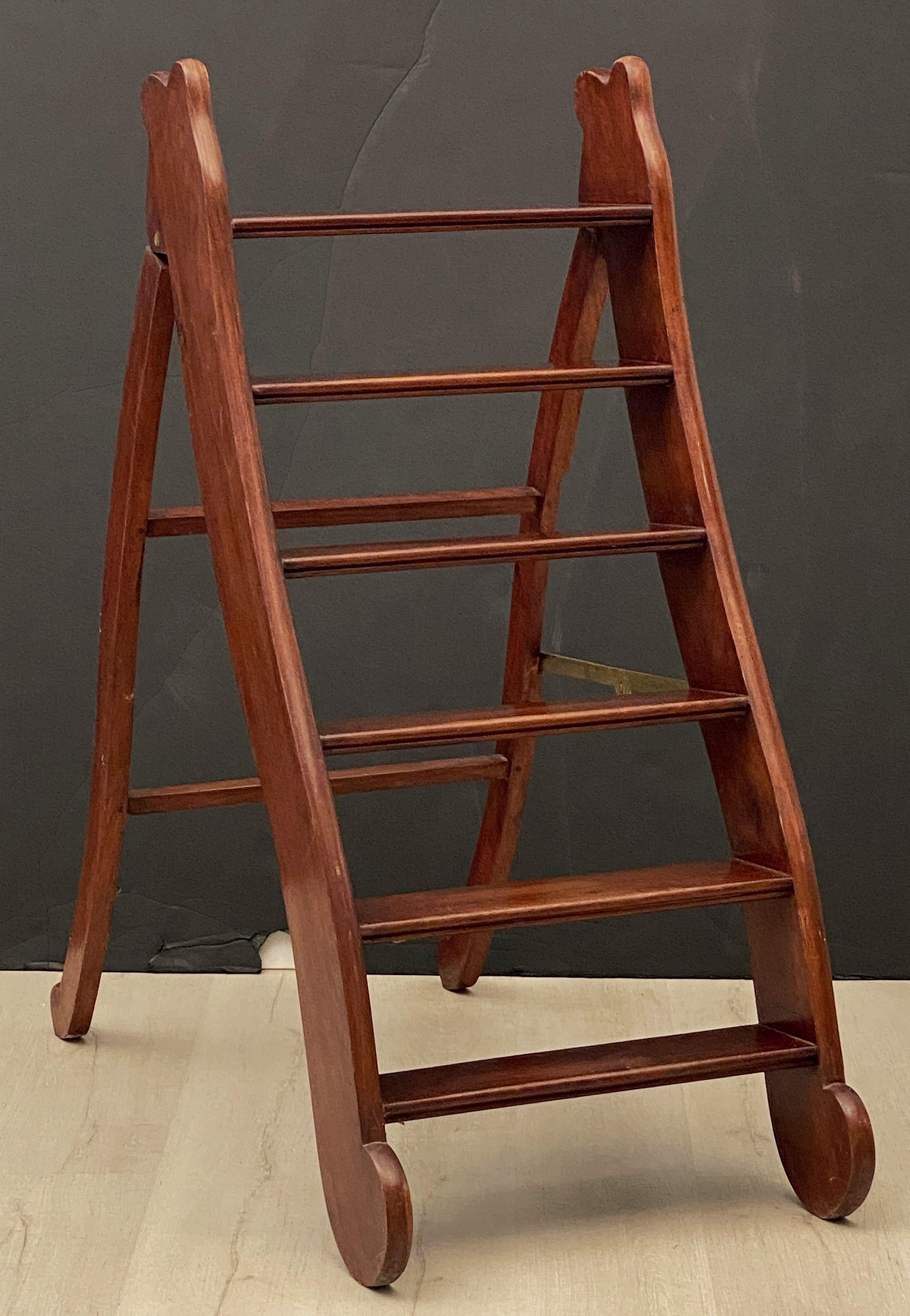 20th Century English Folding Library Step Ladder of Mahogany and Brass from the Edwardian Era
