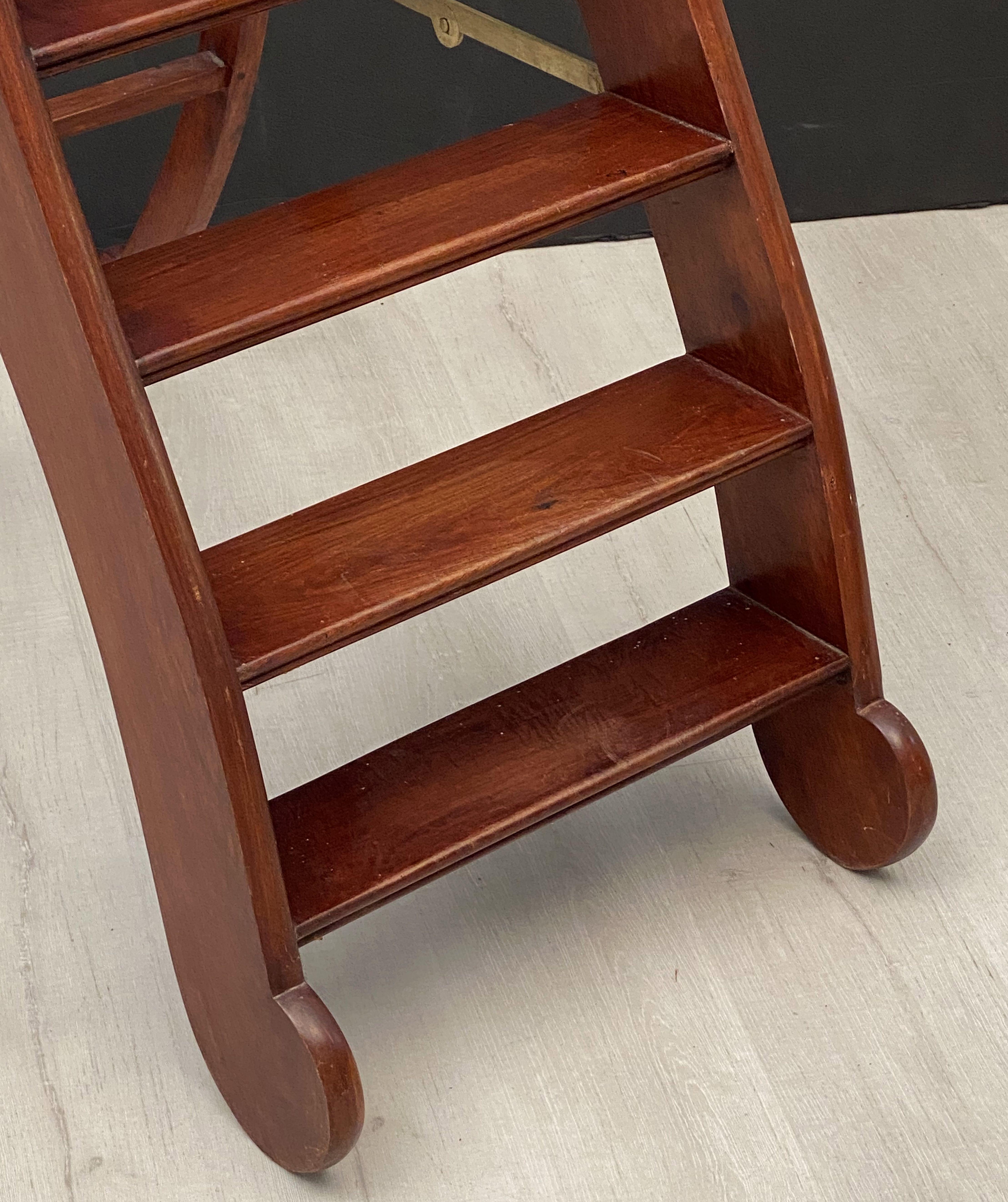 Metal English Folding Library Step Ladder of Mahogany and Brass from the Edwardian Era