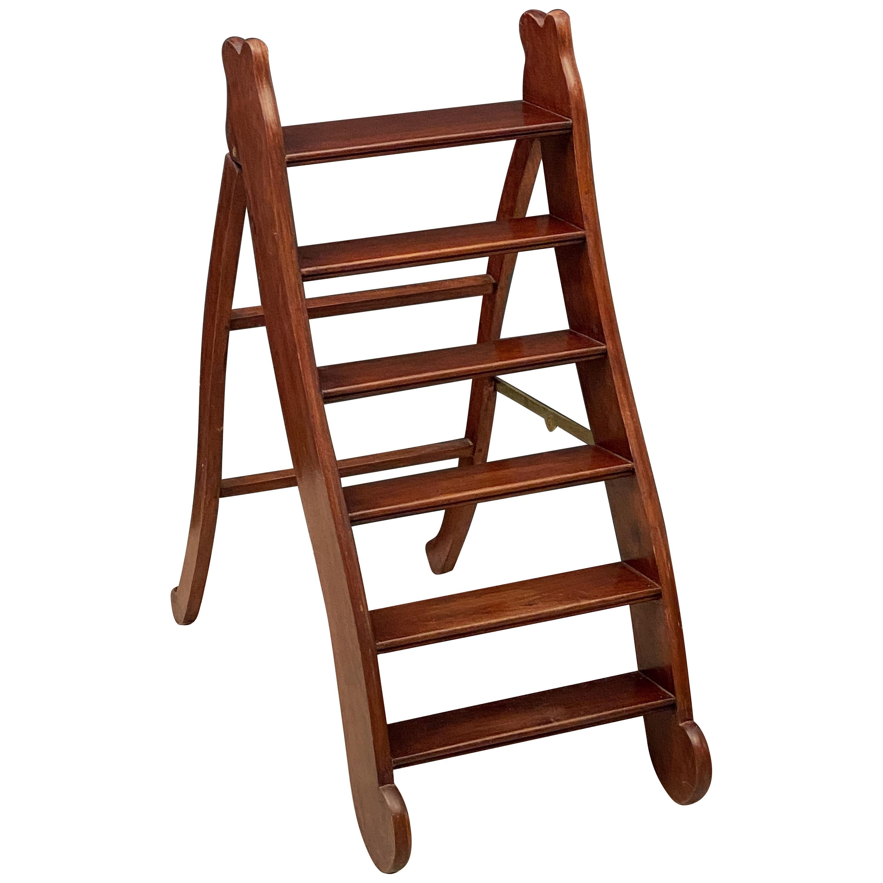 English Folding Library Step Ladder of Mahogany and Brass from the Edwardian Era