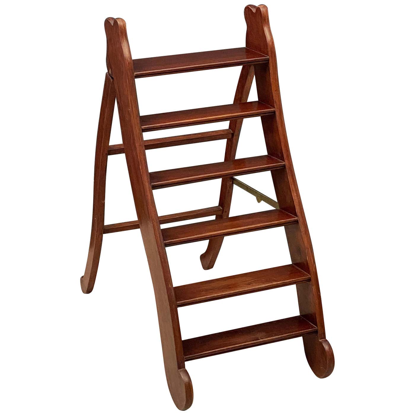 English Folding Library Step Ladder of Mahogany and Brass from the ...